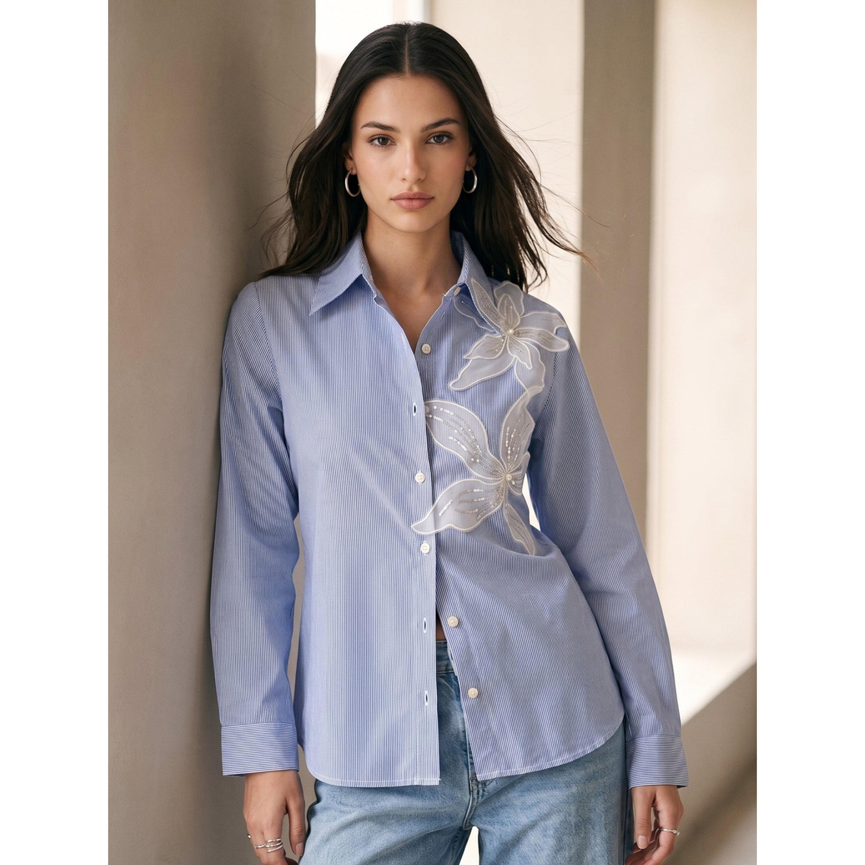 Outzidr X Styli Blue Striped Long-Sleeve Shirt with Floral Embroidery-women-clothing-shirtsandblouses-shirts-image-1