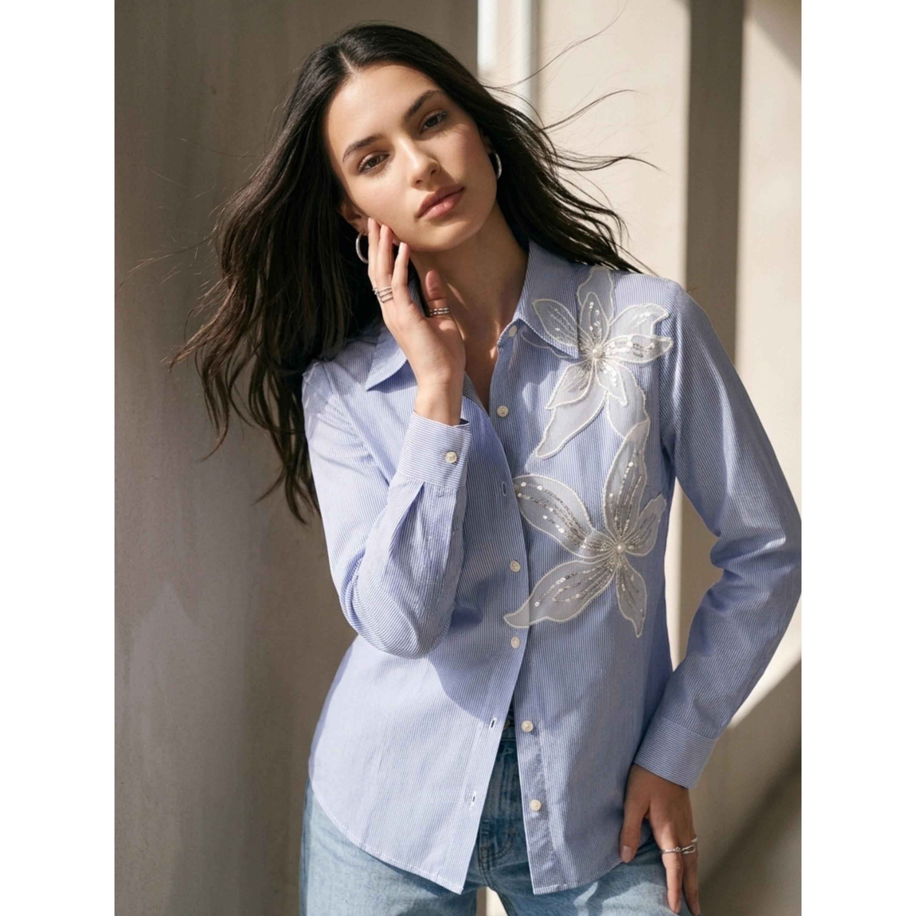 Outzidr X Styli Blue Striped Long-Sleeve Shirt with Floral Embroidery-women-clothing-shirtsandblouses-shirts-image-3