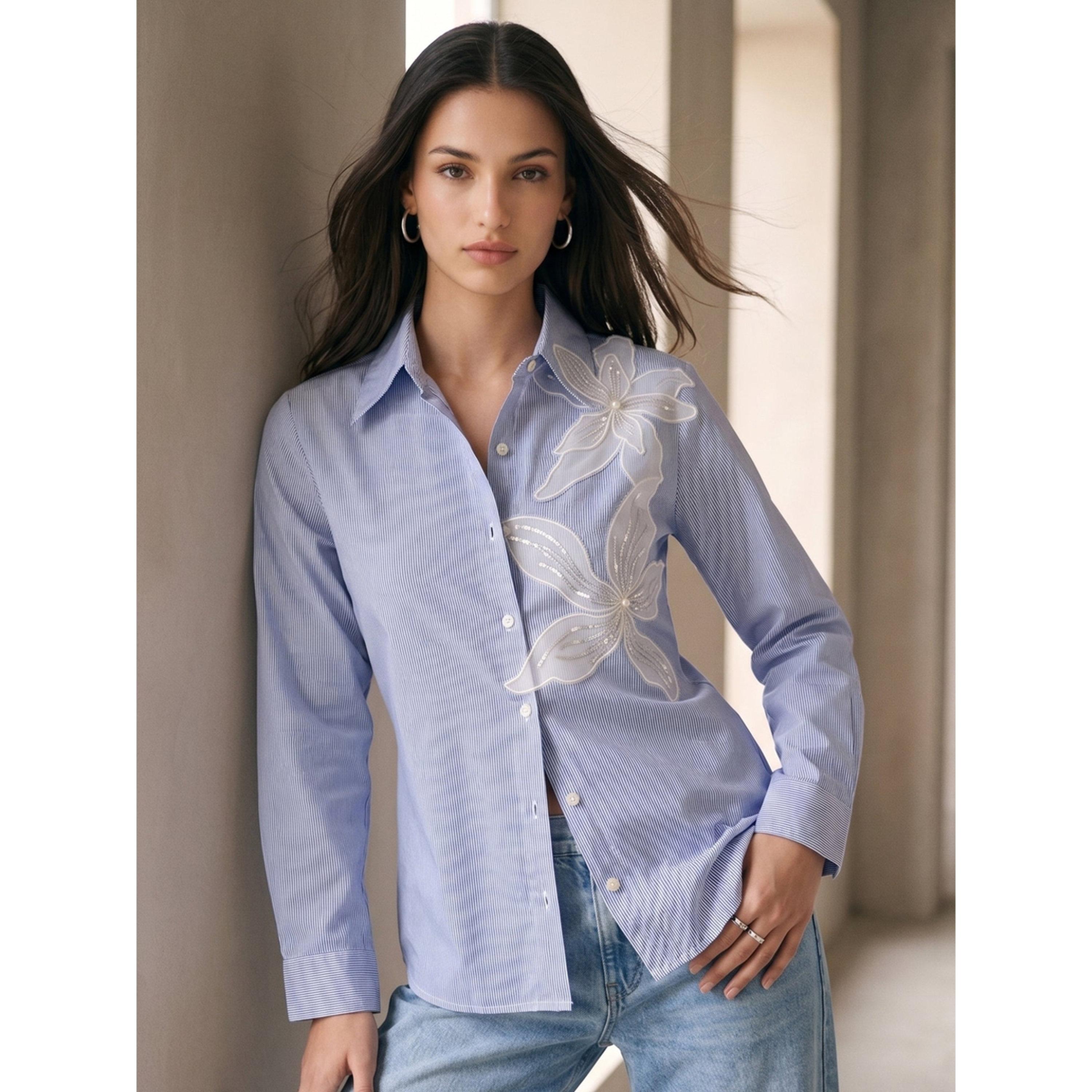 Outzidr X Styli Blue Striped Long-Sleeve Shirt with Floral Embroidery-women-clothing-shirtsandblouses-shirts-image-4