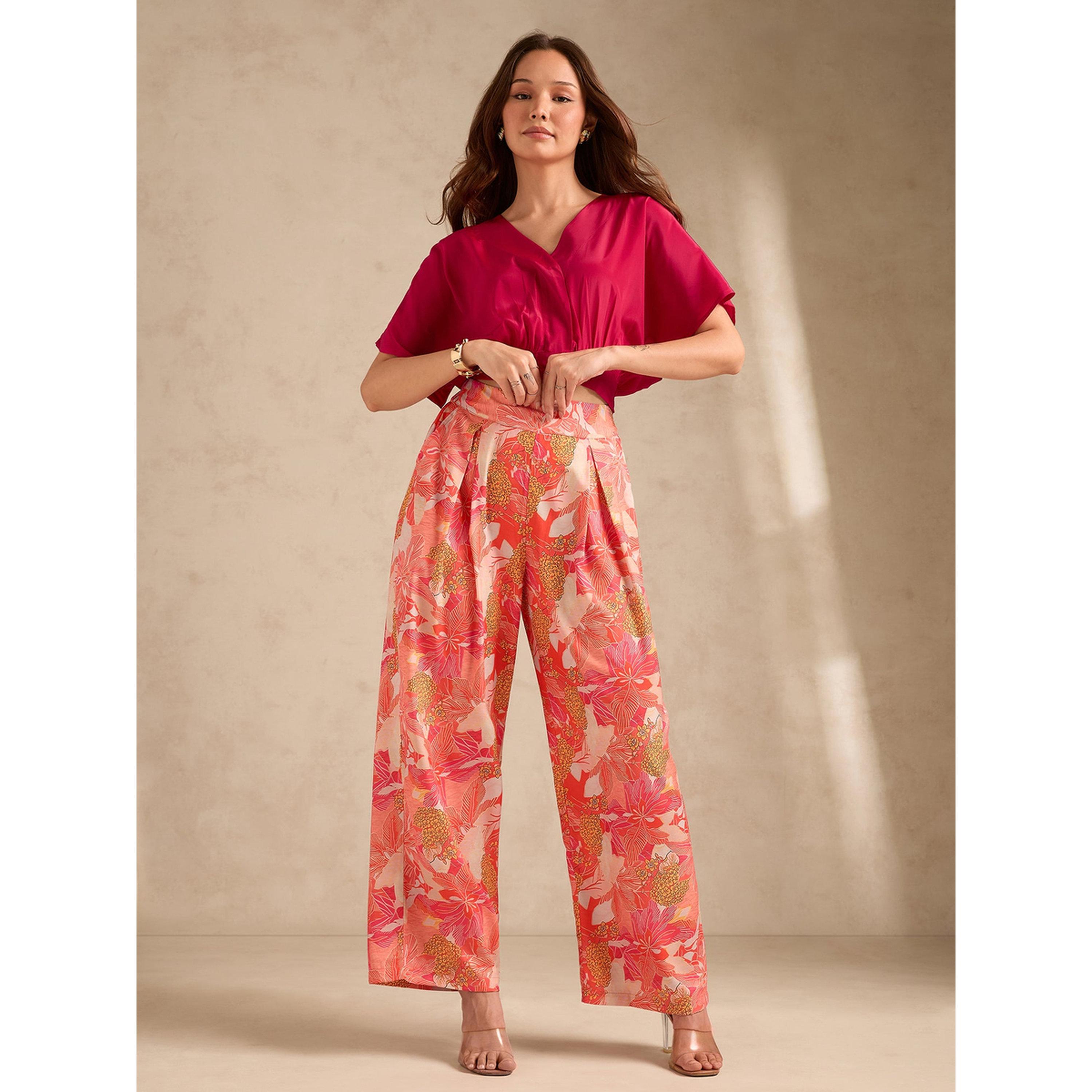 Outzidr X Styli Pink Solid Crop Top and High Rise Wide Leg Trousers Co-Ord Set-women-clothing-coordsets-image-3