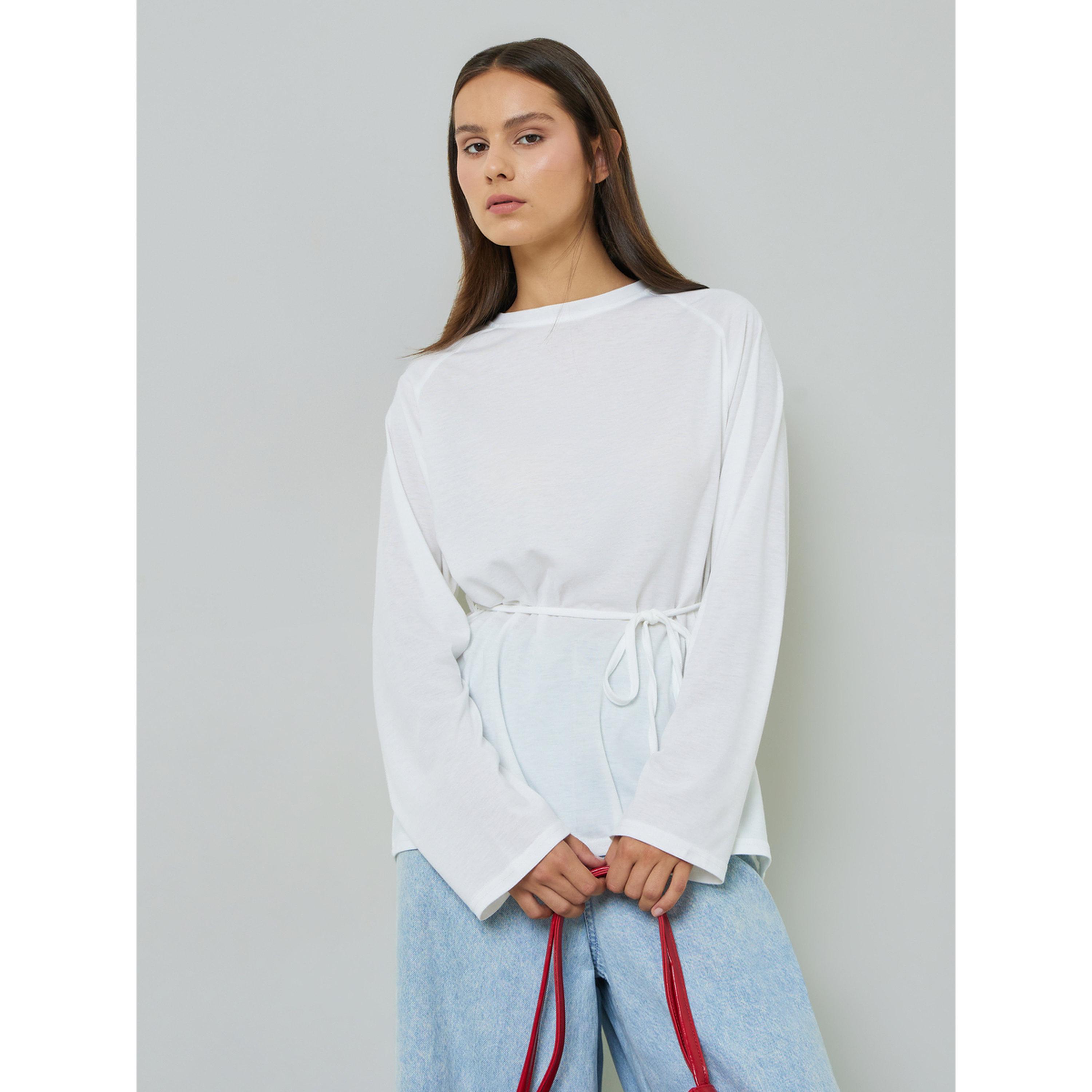Styli White Solid Tie-Up Waist Long Sleeves Regular Fit T-Shirt-women-clothing-shirtsandblouses-blouses-image-1