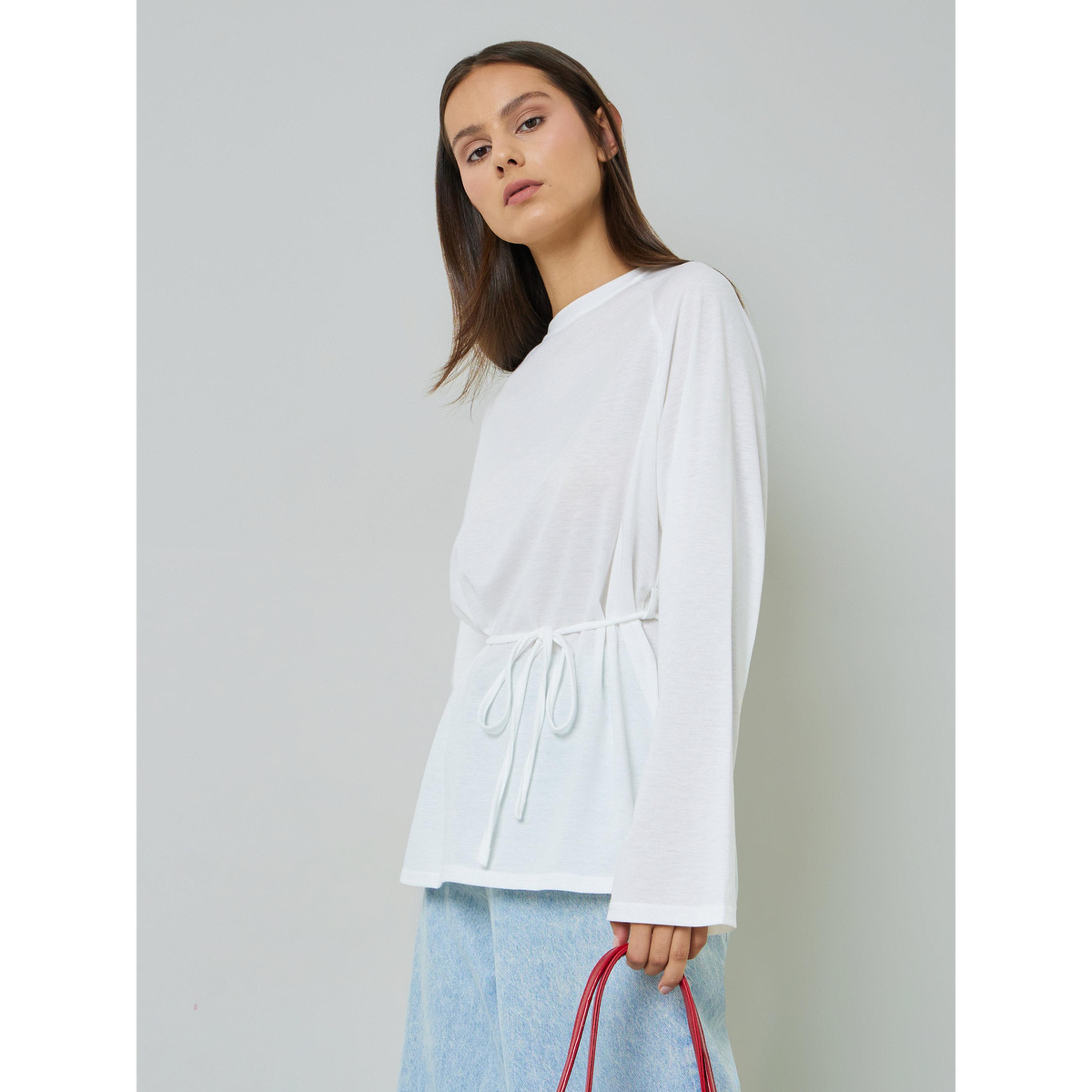 Styli White Solid Tie-Up Waist Long Sleeves Regular Fit T-Shirt-women-clothing-shirtsandblouses-blouses-image-3