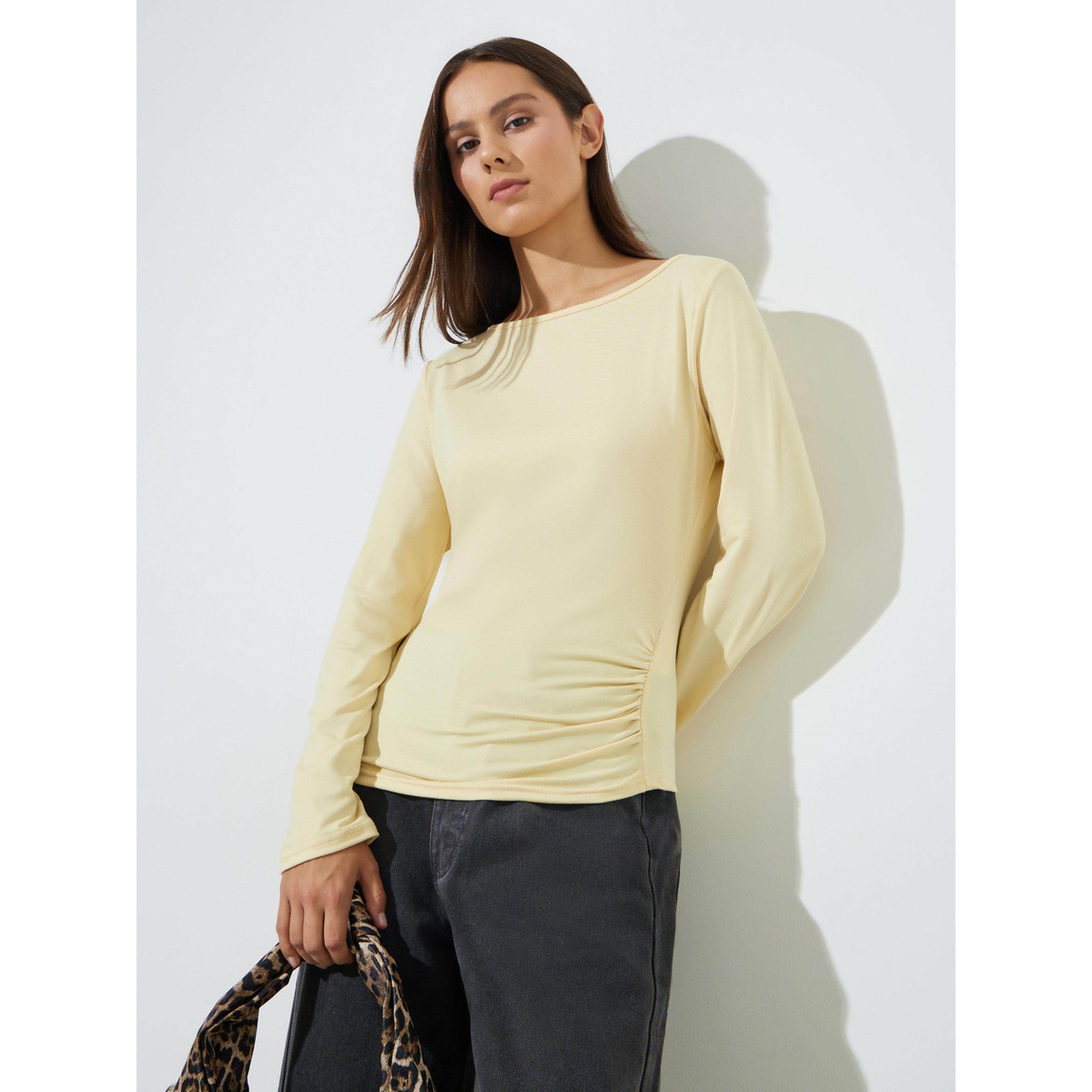Styli Yellow Solid Long Sleeves Knit Top with Side Gathering-women-clothing-shirtsandblouses-blouses-image-1