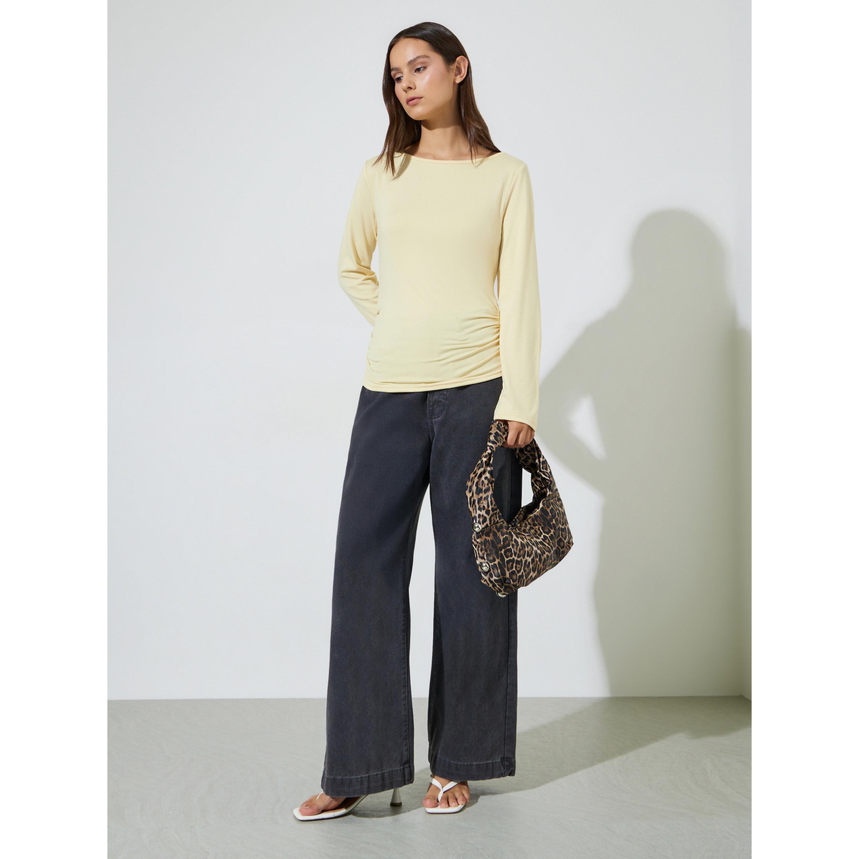 Styli Yellow Solid Long Sleeves Knit Top with Side Gathering-women-clothing-shirtsandblouses-blouses-image-2