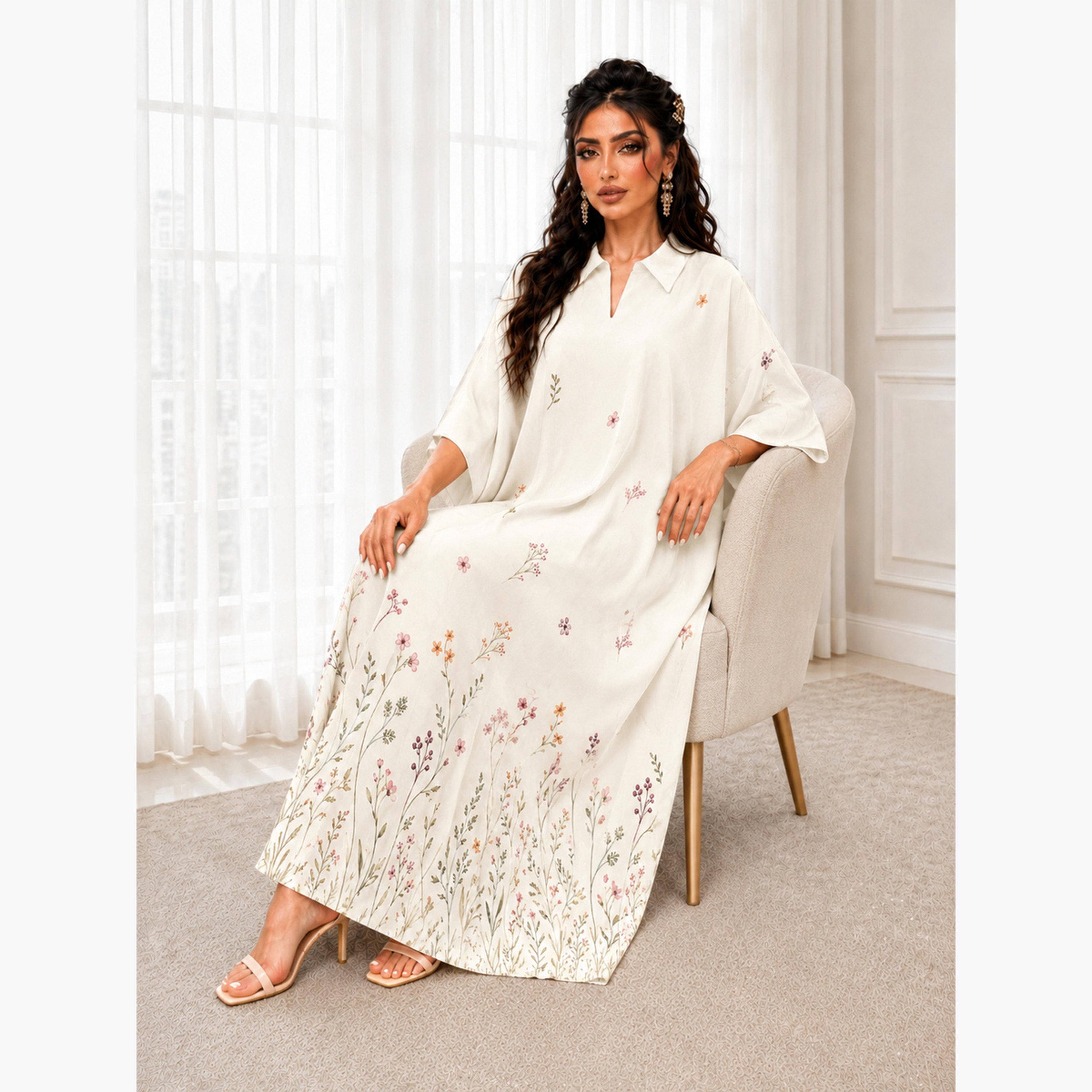 Take Two Beige Floral Maxi Kaftan-women-arabicclothing-kaftan-image-2
