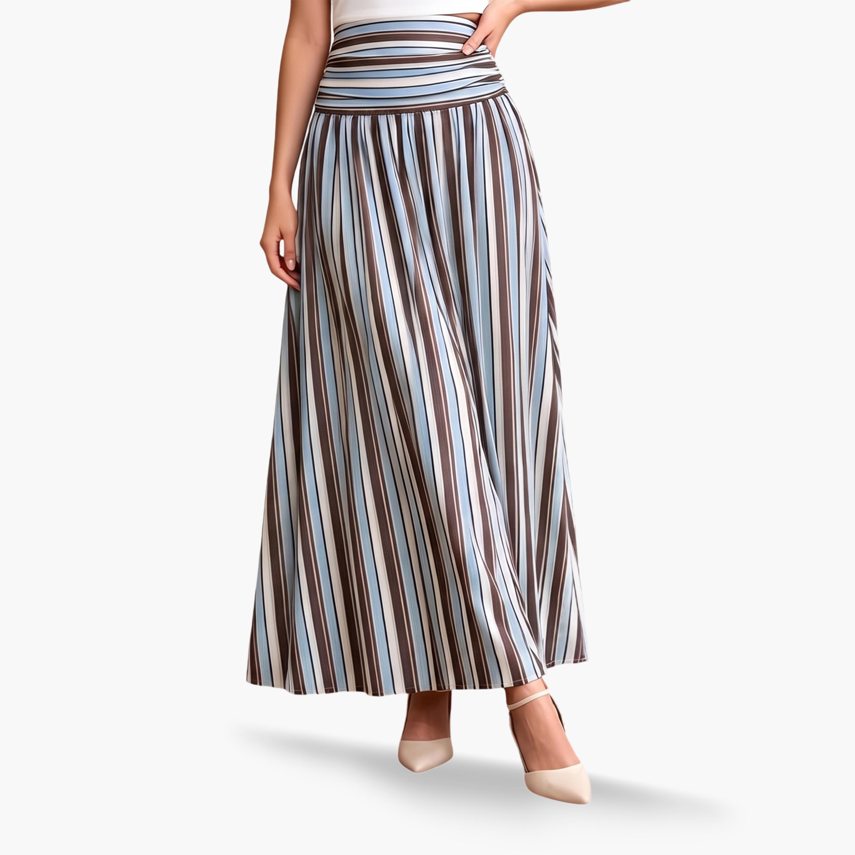 Take Two Blue A-Line Striped Maxi Skirt with Ruched Waist-women-clothing-skirts-image-1