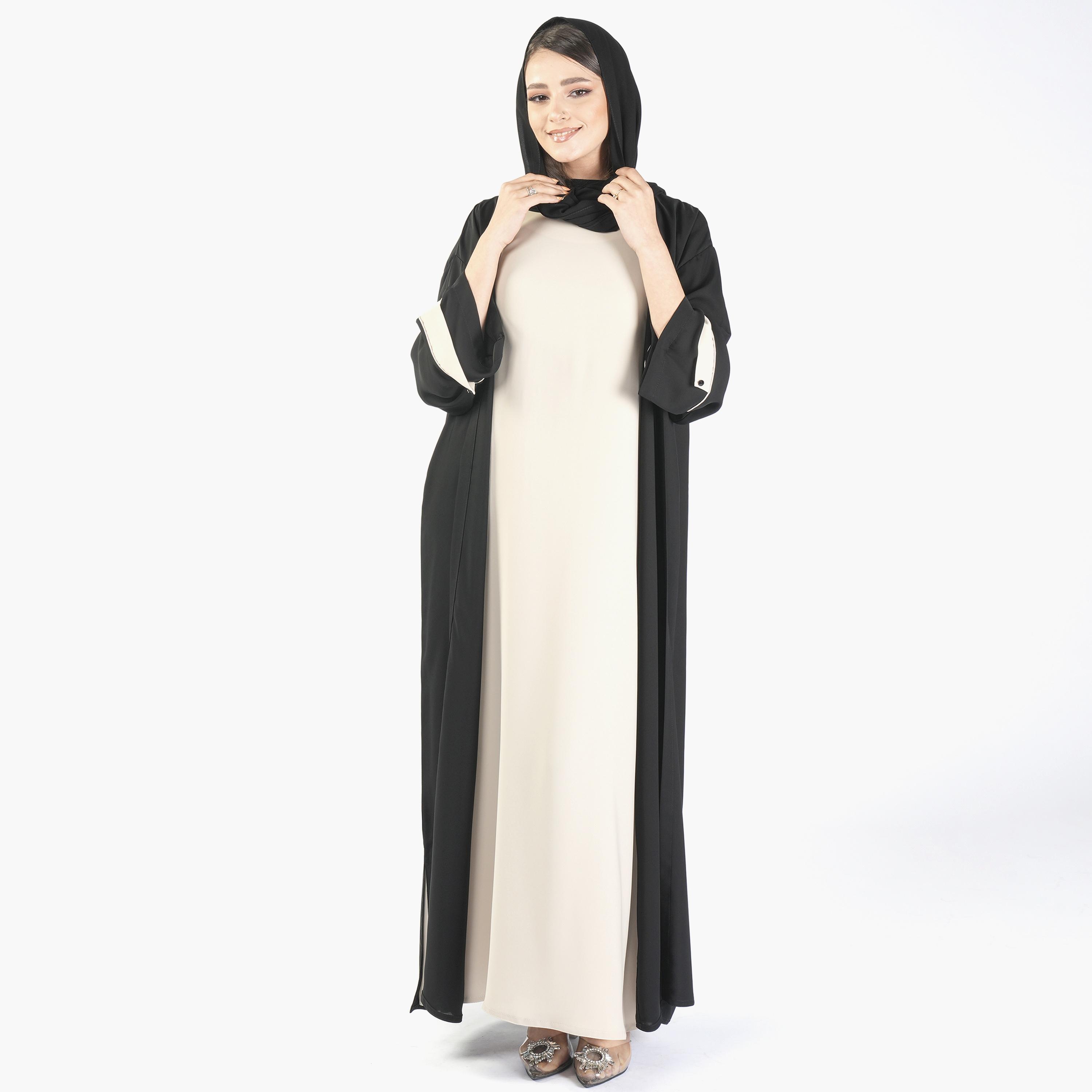 Ramshaa Plain Open Front Black Abaya with Hijab and Sleeveless Dress-women-arabicclothing-abayas-image-1