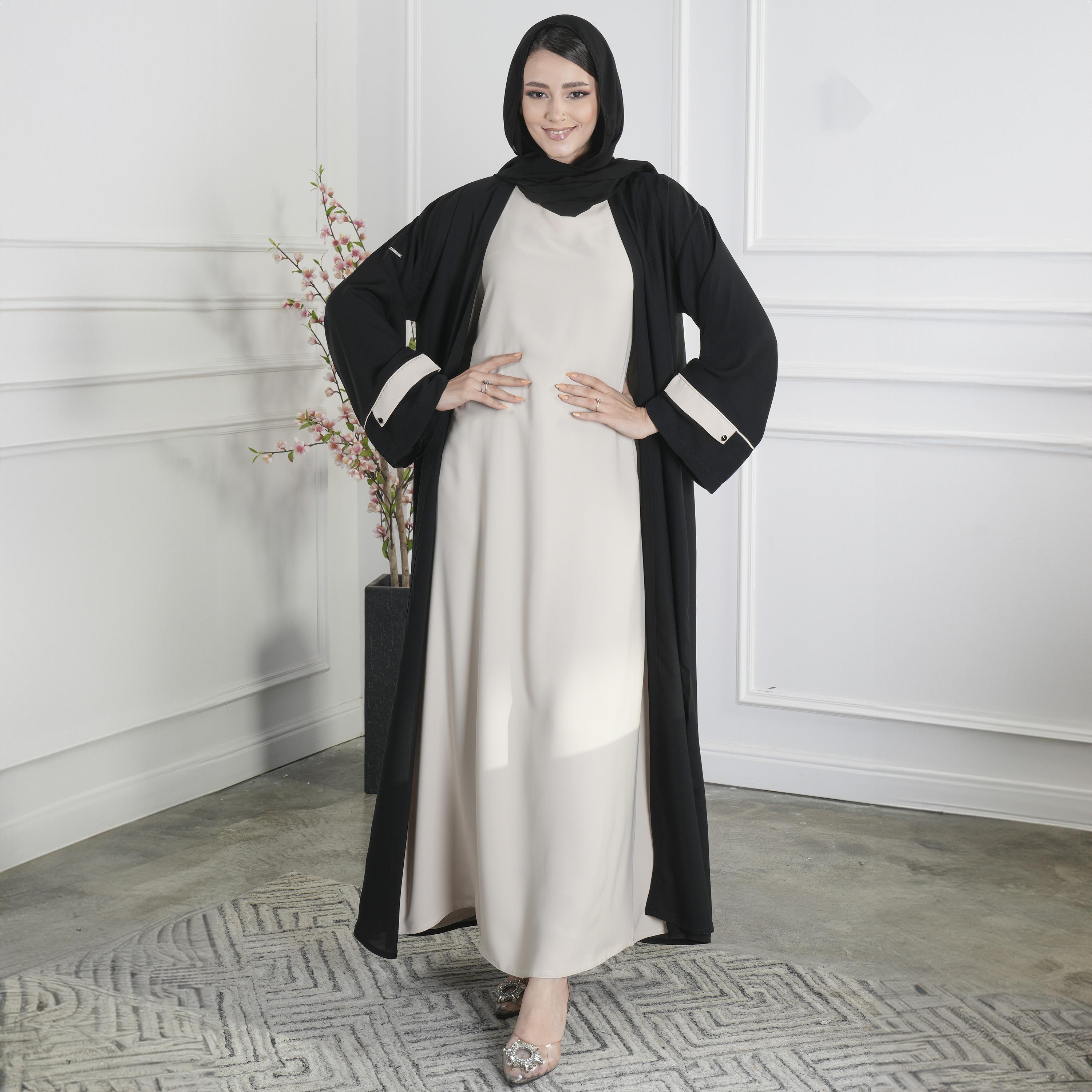Ramshaa Plain Open Front Black Abaya with Hijab and Sleeveless Dress-women-arabicclothing-abayas-image-2
