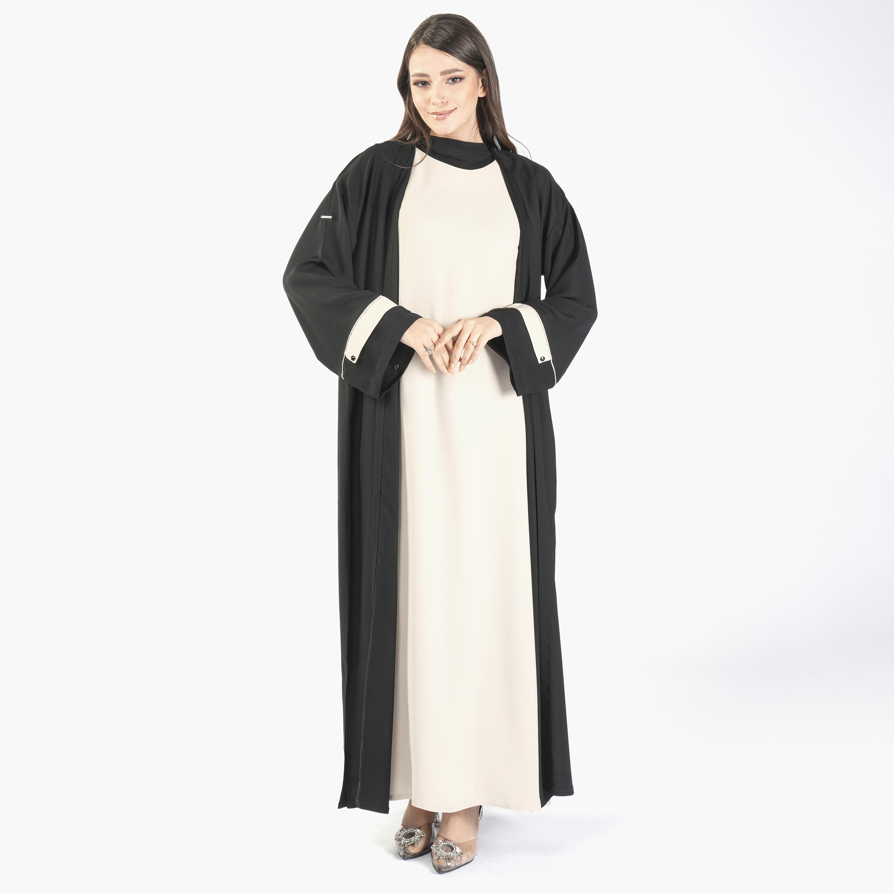 Ramshaa Plain Open Front Black Abaya with Hijab and Sleeveless Dress-women-arabicclothing-abayas-image-4