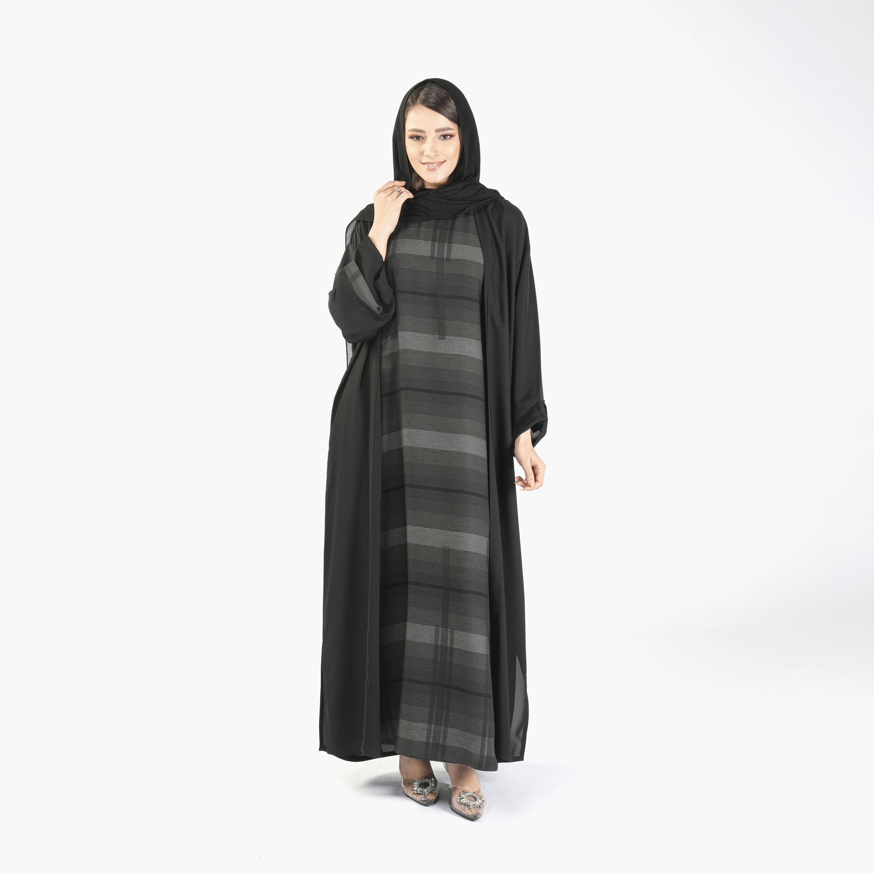 Ramshaa Plain Open Front Abaya with Hijab and Striped Dress-women-arabicclothing-abayas-image-1