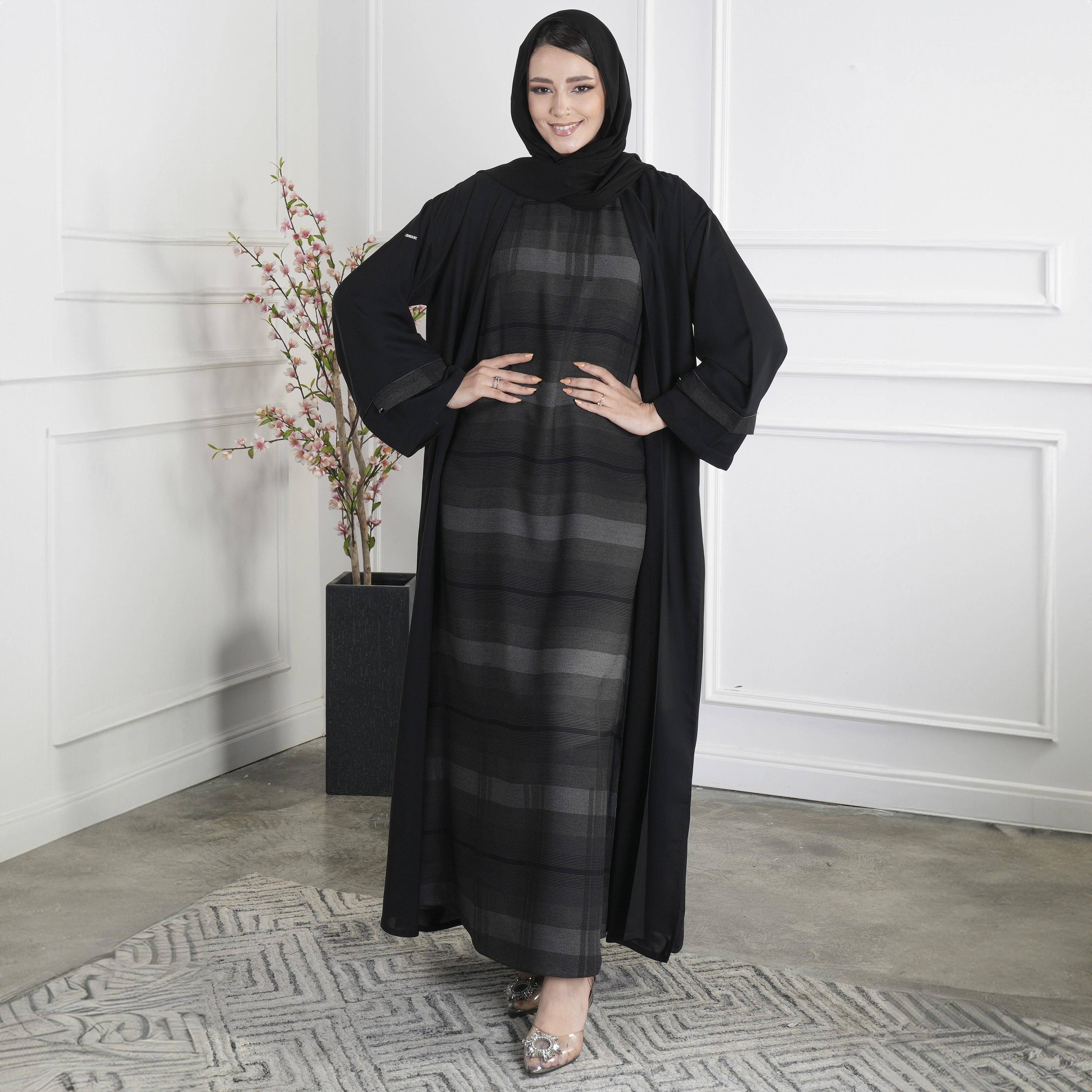 Ramshaa Plain Open Front Abaya with Hijab and Striped Dress-women-arabicclothing-abayas-image-2