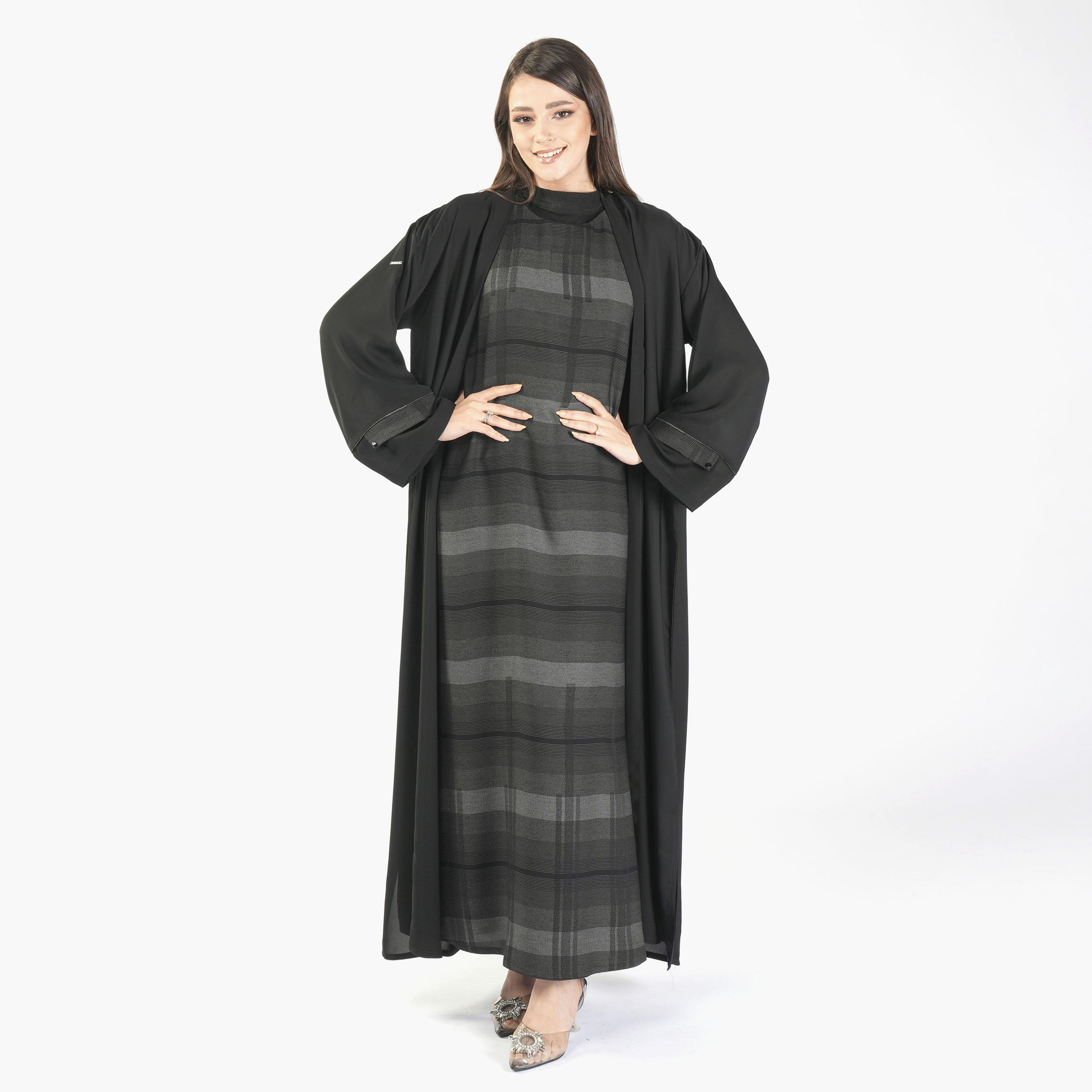 Ramshaa Plain Open Front Abaya with Hijab and Striped Dress-women-arabicclothing-abayas-image-4