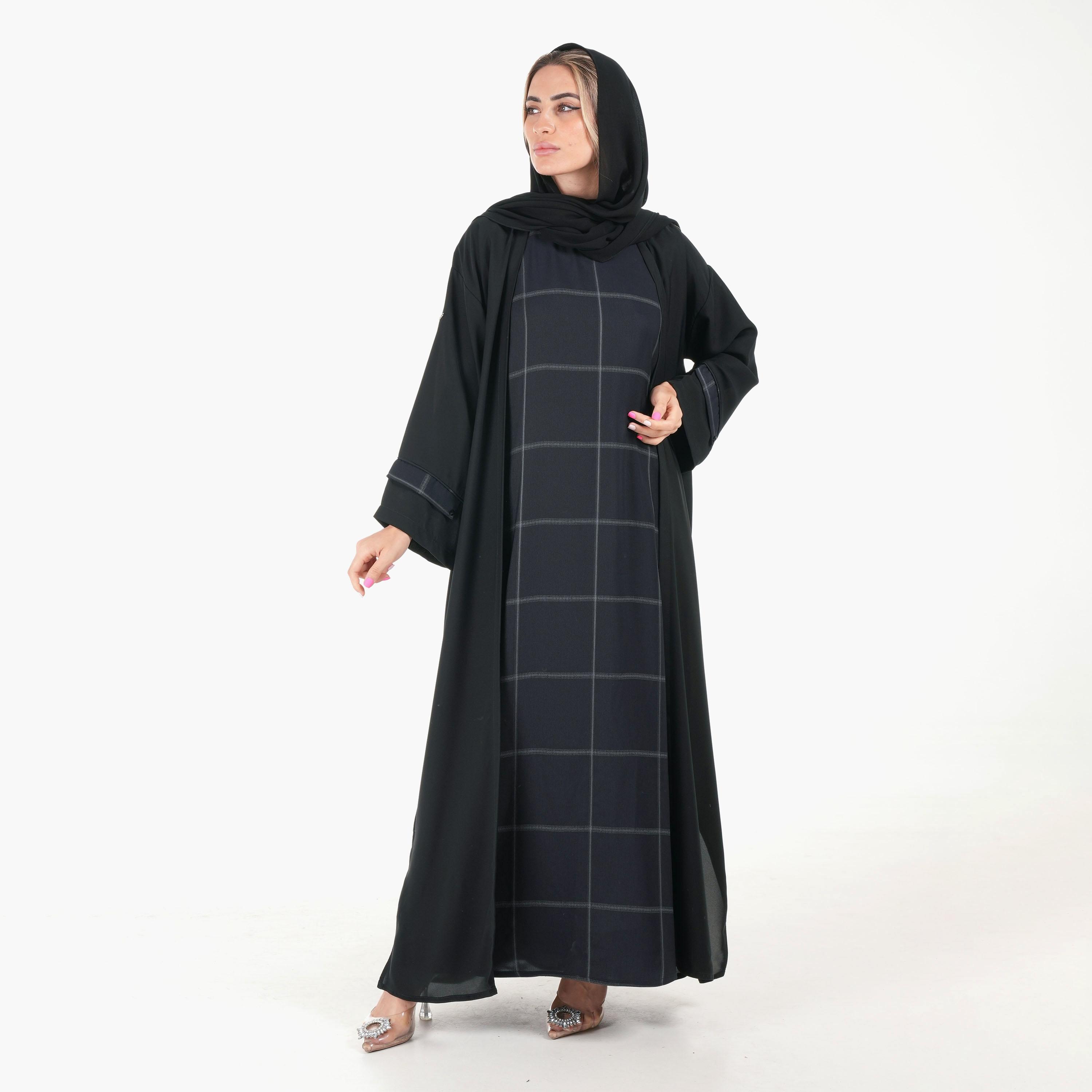Ramshaa Plain Open Front Abaya with Hijab and Checked Dress-women-arabicclothing-abayas-image-1