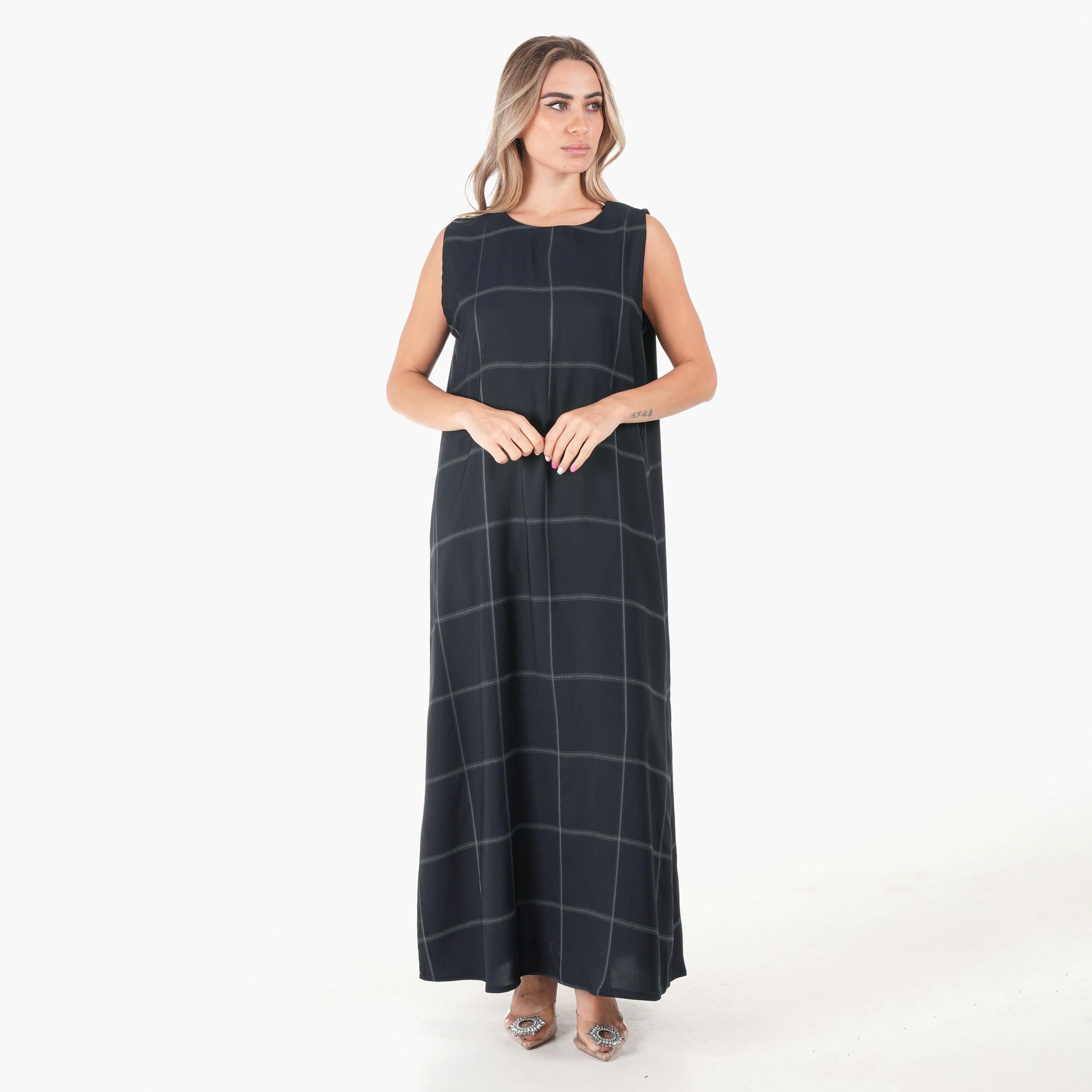 Ramshaa Plain Open Front Abaya with Hijab and Checked Dress-women-arabicclothing-abayas-image-2