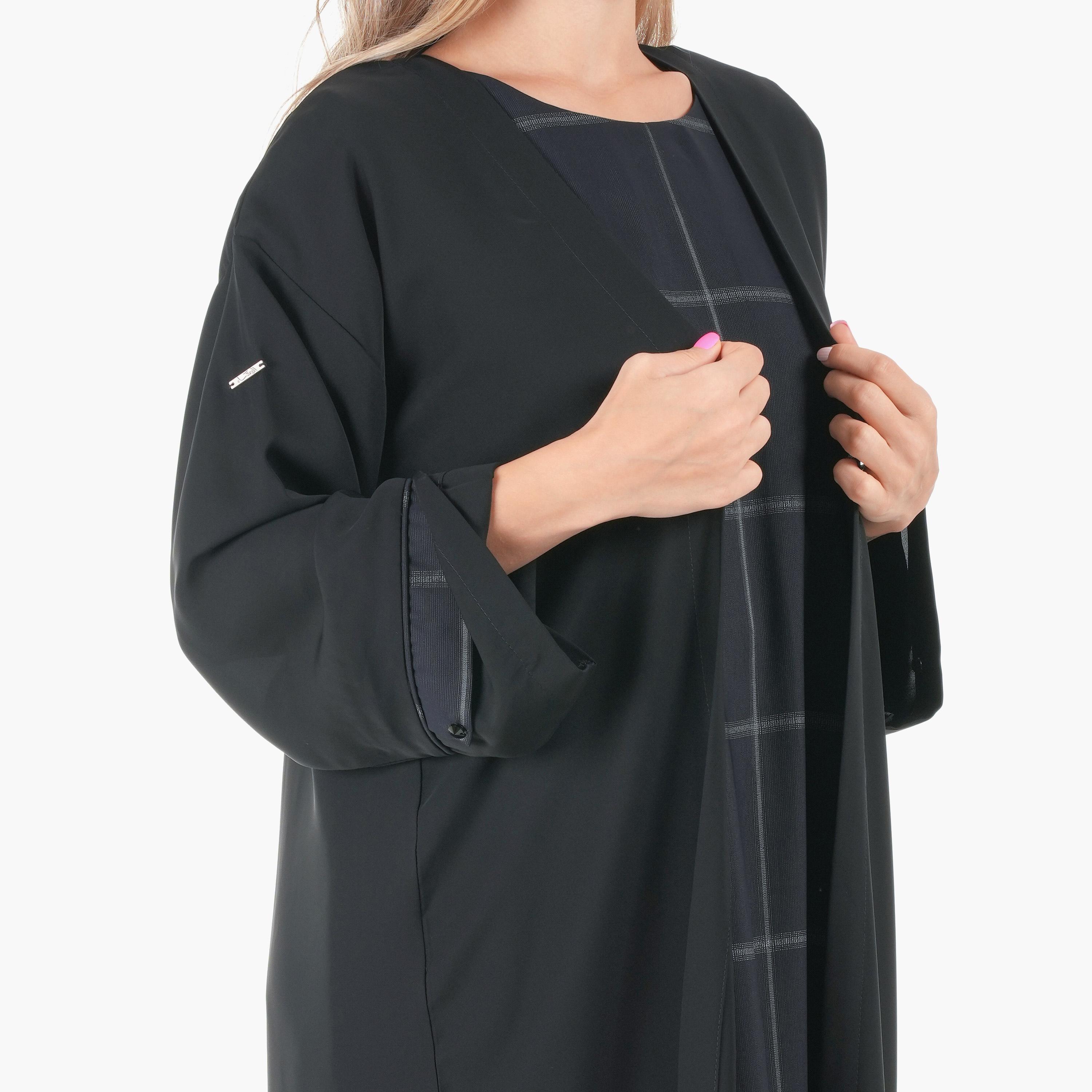Ramshaa Plain Open Front Abaya with Hijab and Checked Dress-women-arabicclothing-abayas-image-3