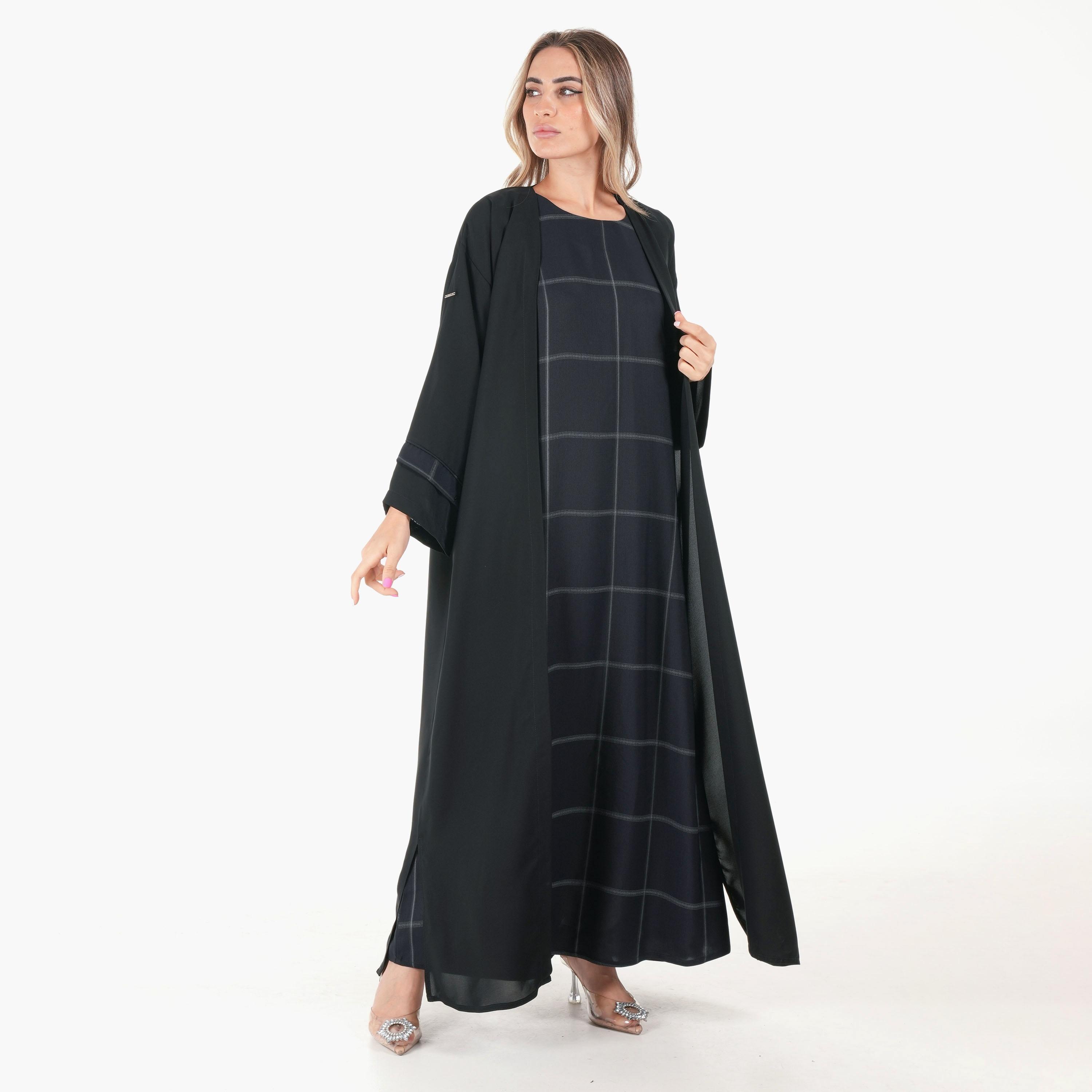 Ramshaa Plain Open Front Abaya with Hijab and Checked Dress-women-arabicclothing-abayas-image-4