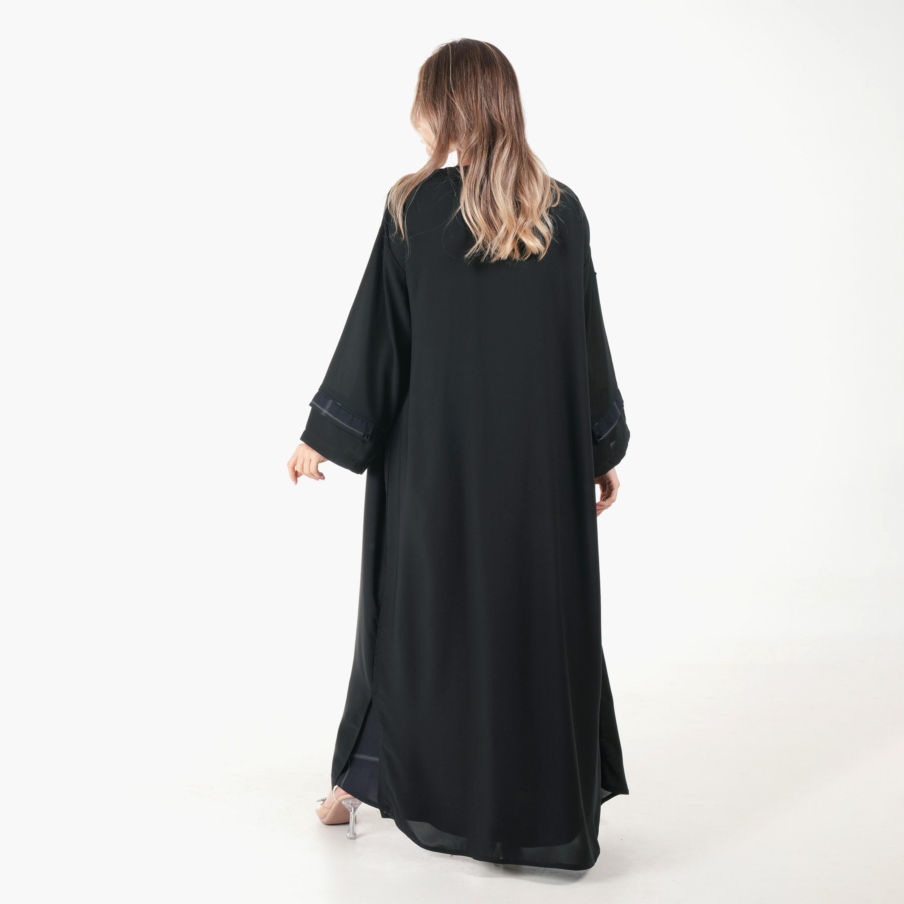 Ramshaa Plain Open Front Abaya with Hijab and Checked Dress-women-arabicclothing-abayas-image-5