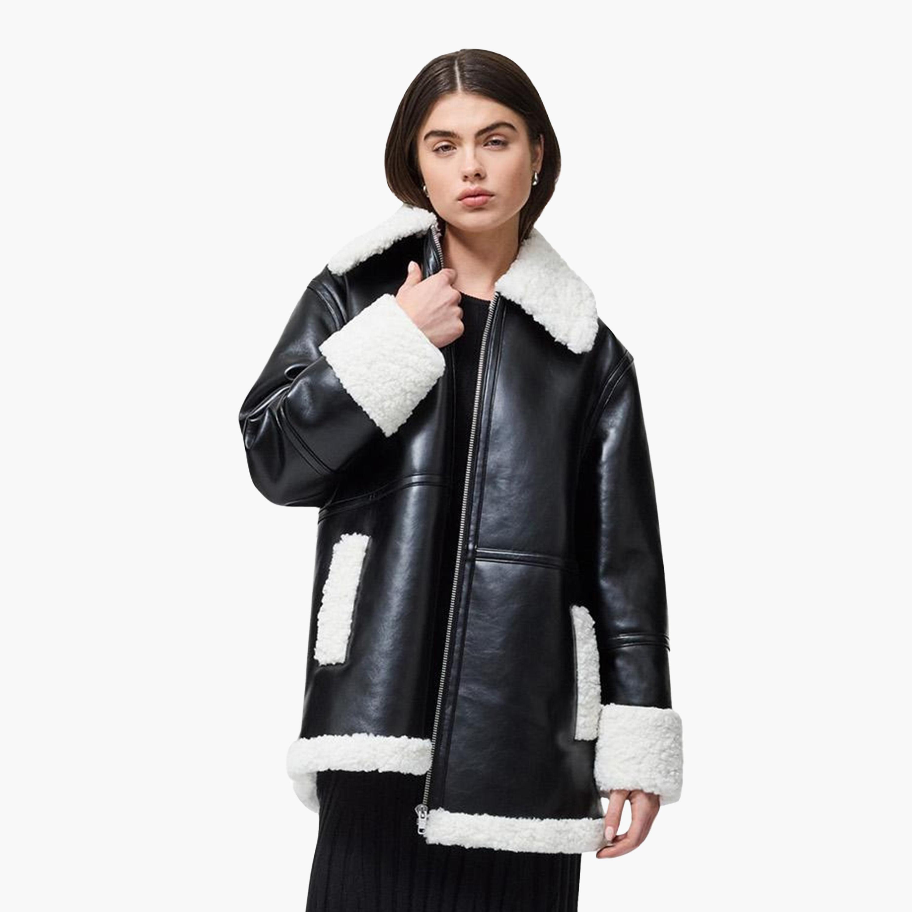 French Connection Black Color-Blocked PU Shearling Collar Women's Aviator Jacket-women-winterwear-coatsandjackets-jackets-image-1