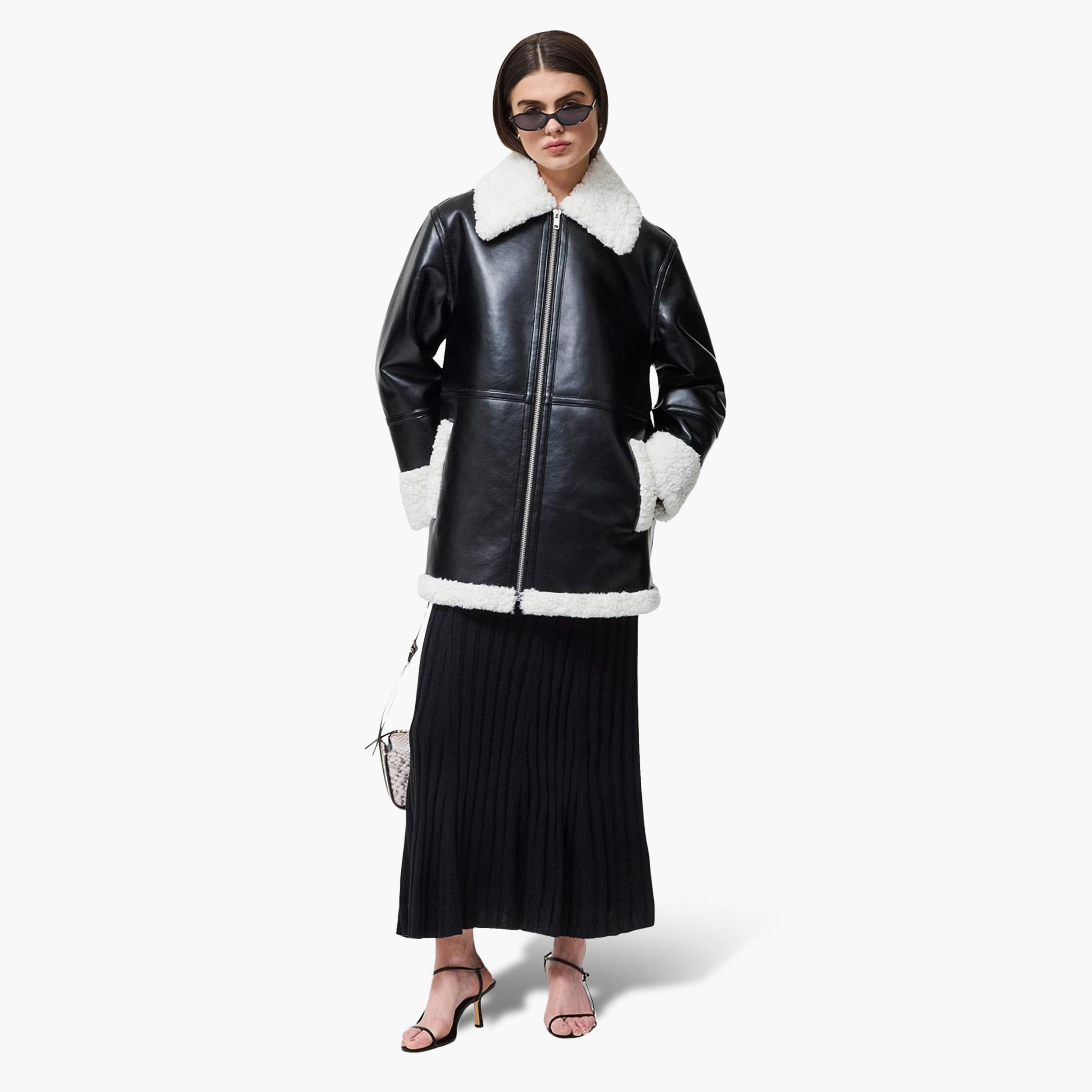 French Connection Black Color-Blocked PU Shearling Collar Women's Aviator Jacket-women-winterwear-coatsandjackets-jackets-image-2