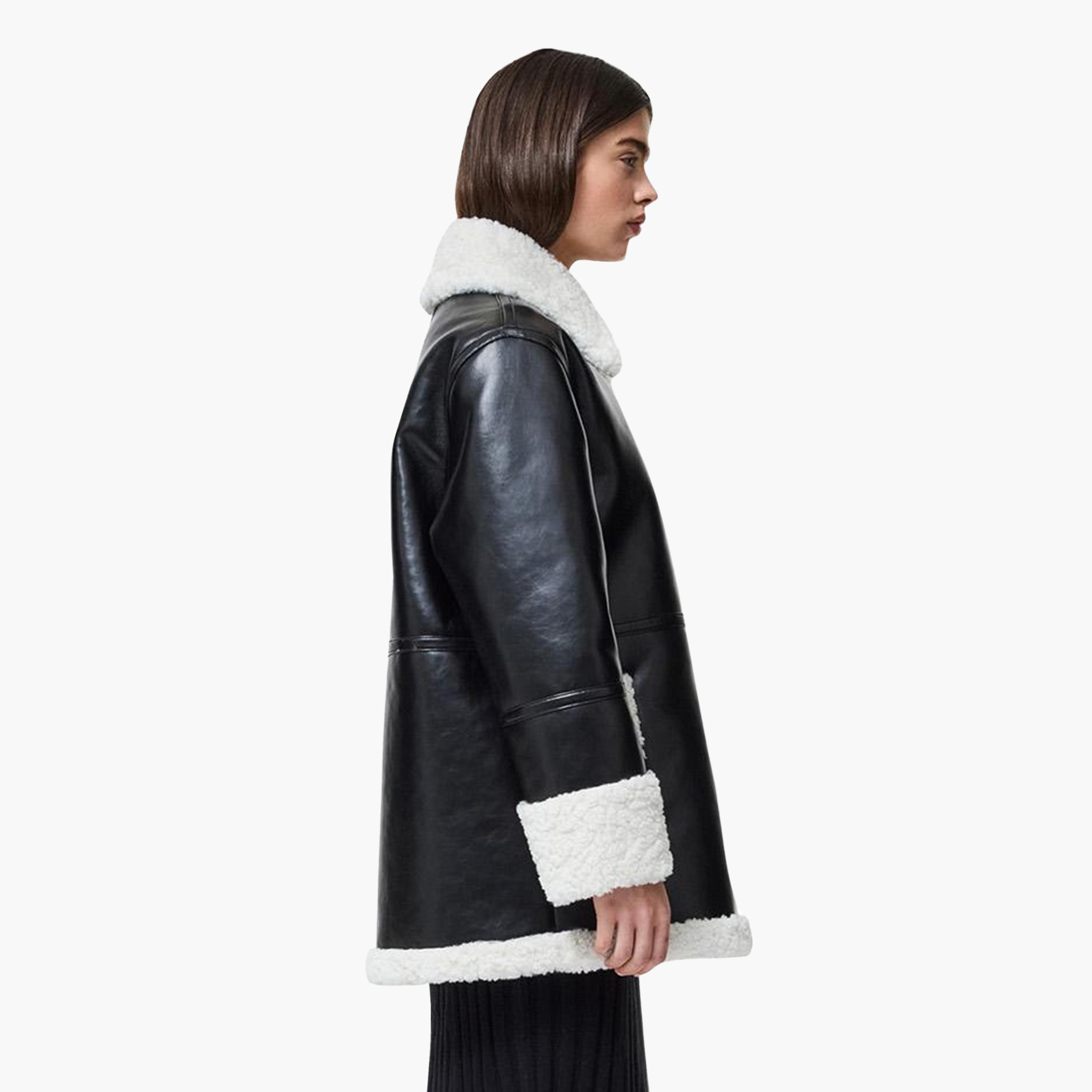 French Connection Black Color-Blocked PU Shearling Collar Women's Aviator Jacket-women-winterwear-coatsandjackets-jackets-image-4