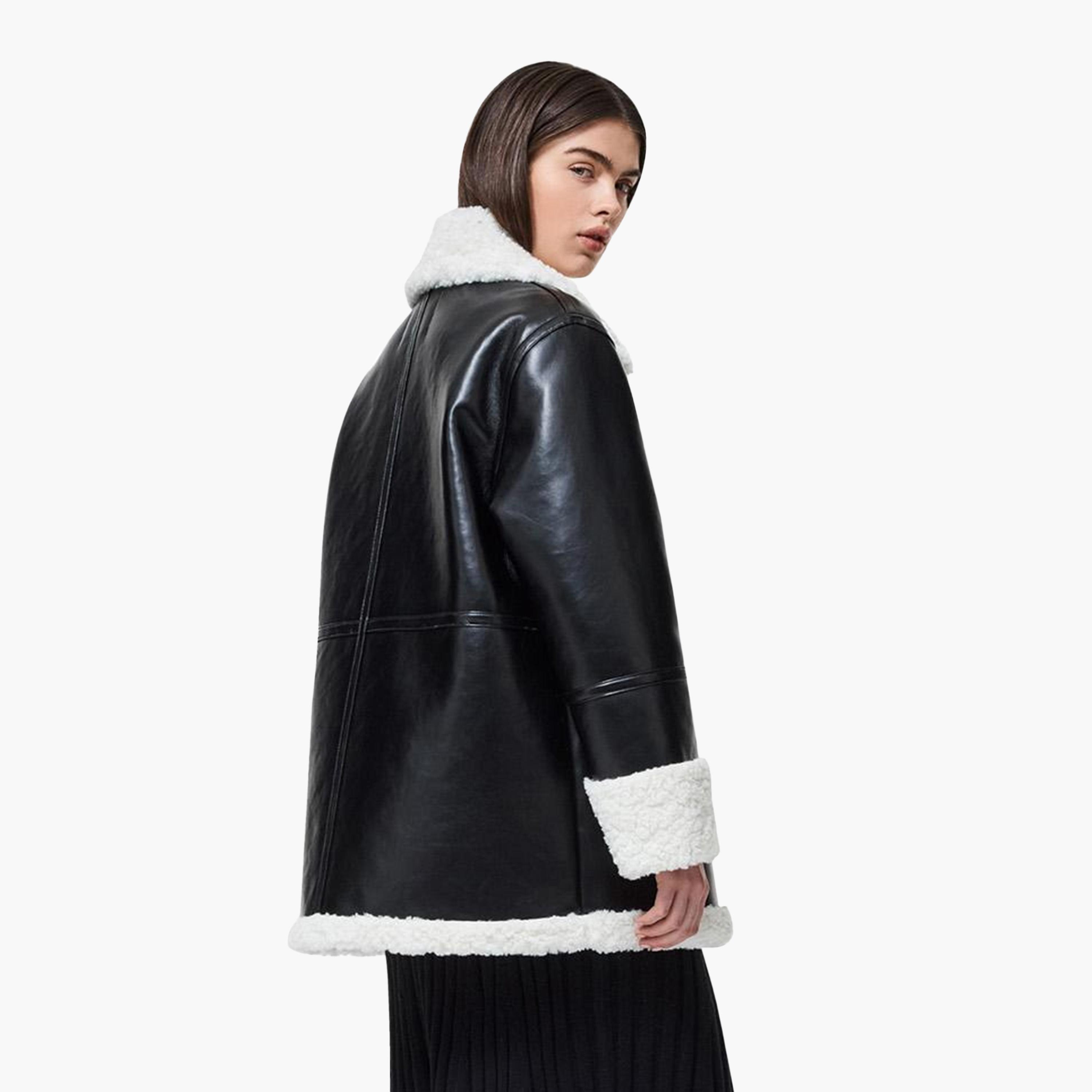 French Connection Black Color-Blocked PU Shearling Collar Women's Aviator Jacket-women-winterwear-coatsandjackets-jackets-image-5