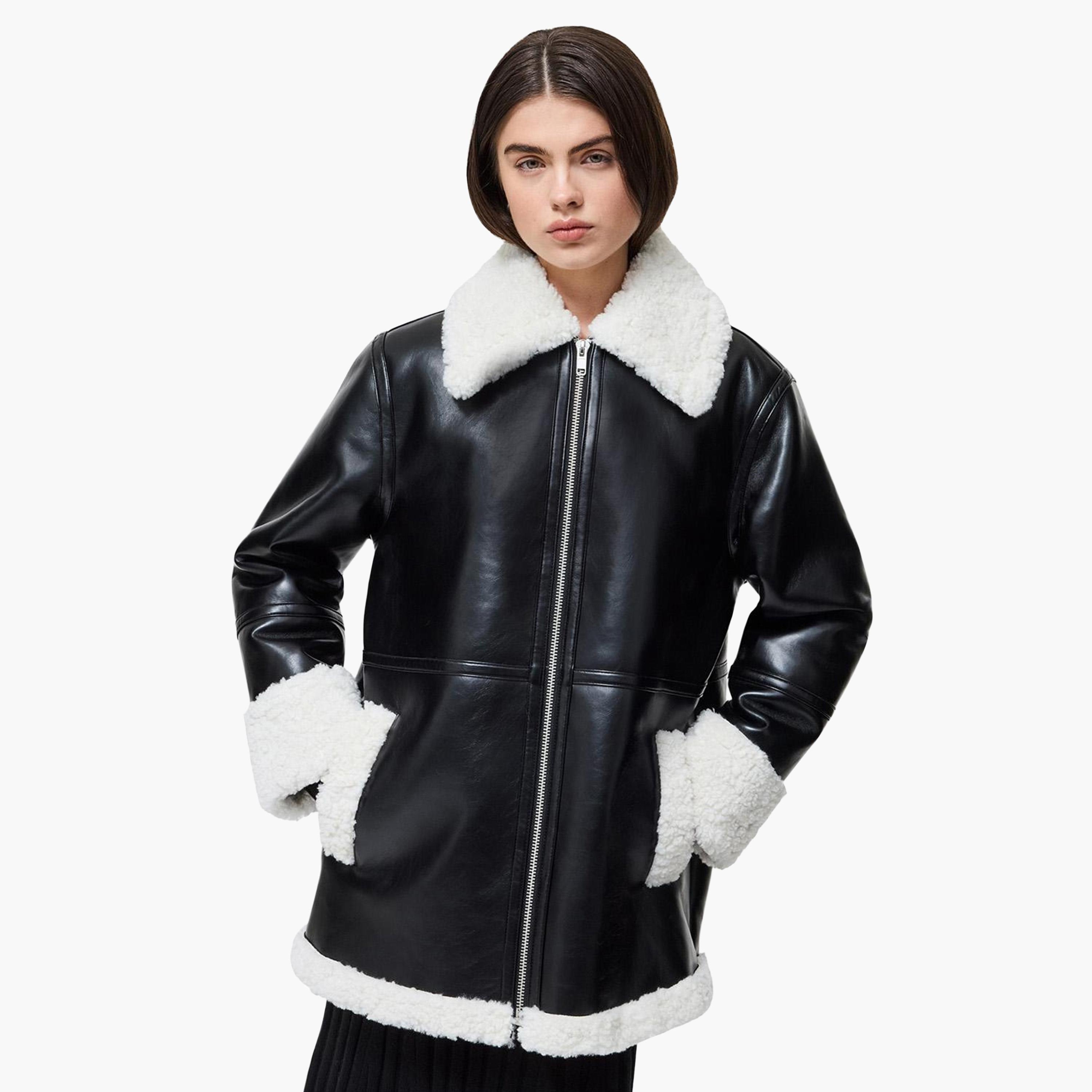 French Connection Black Color-Blocked PU Shearling Collar Women's Aviator Jacket-women-winterwear-coatsandjackets-jackets-image-6