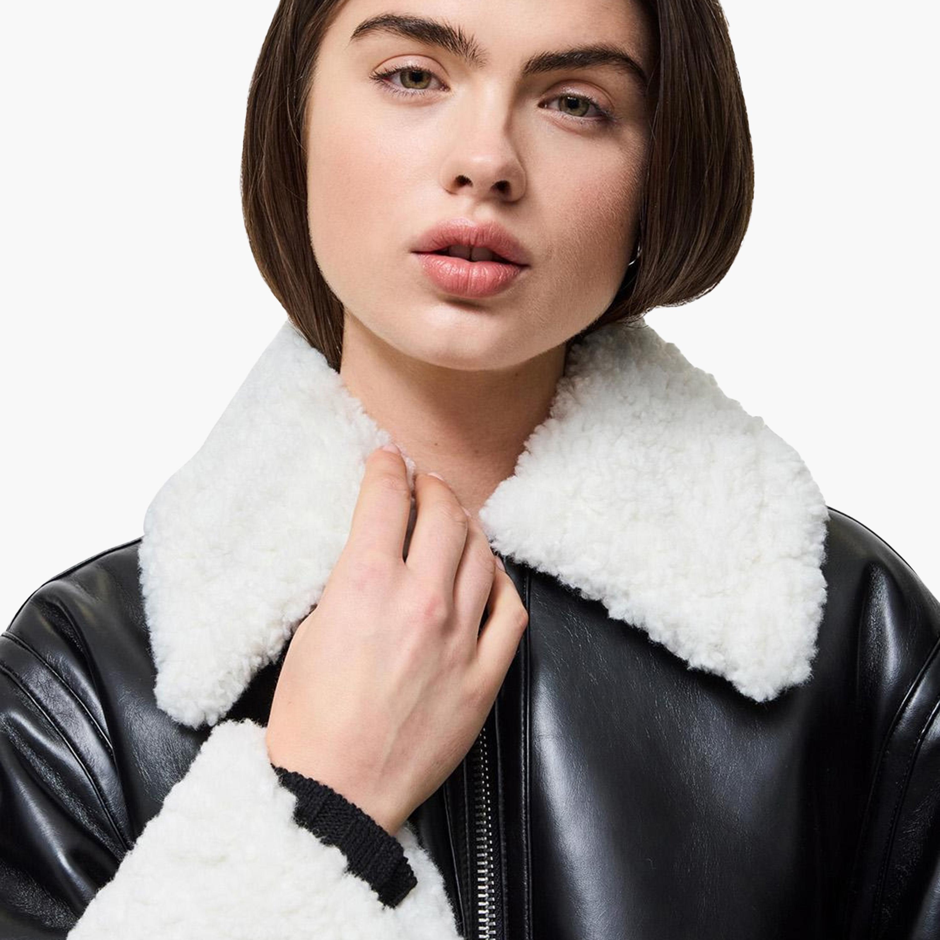 French Connection Black Color-Blocked PU Shearling Collar Women's Aviator Jacket-women-winterwear-coatsandjackets-jackets-image-7