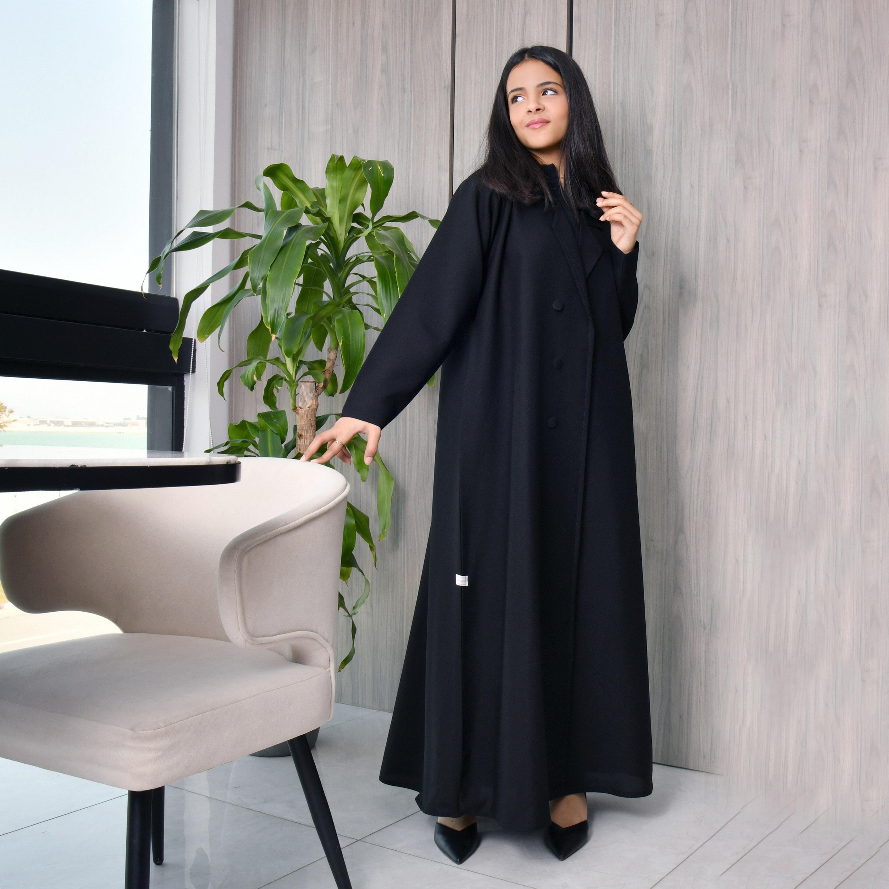 Hawraa Black Lapel Collar Crepe Girls Wrap Abaya with Hijab-girls-arabicclothing-abayas-image-1