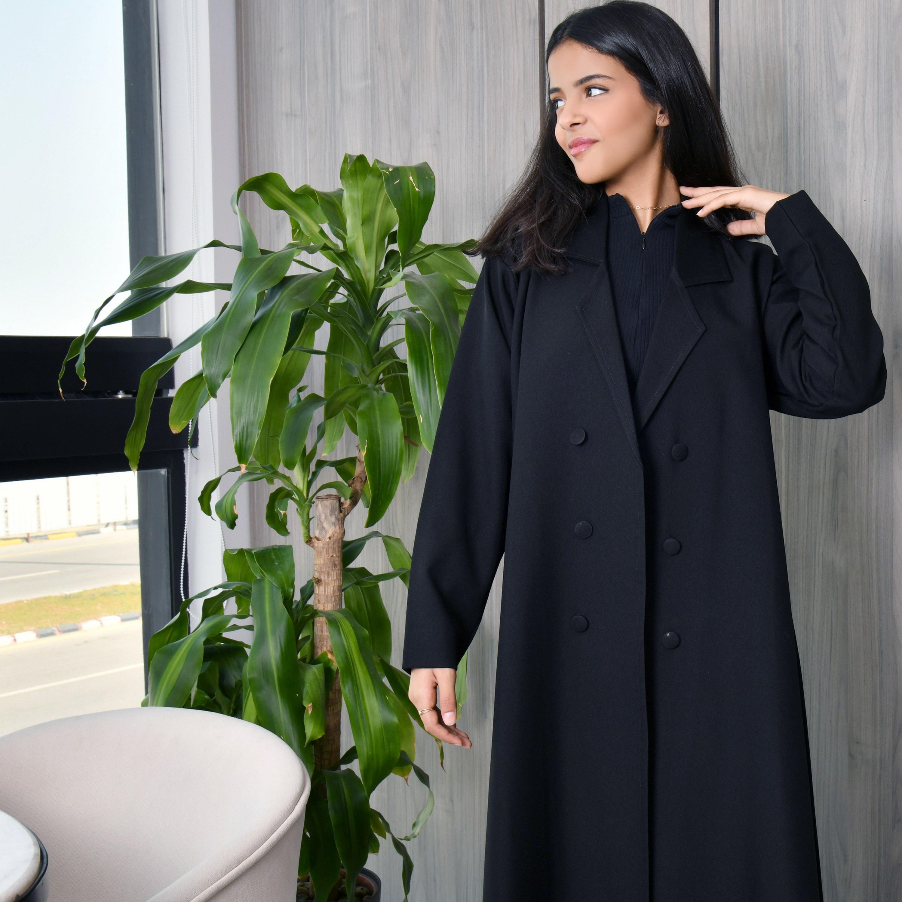 Hawraa Black Lapel Collar Crepe Girls Wrap Abaya with Hijab-girls-arabicclothing-abayas-image-2