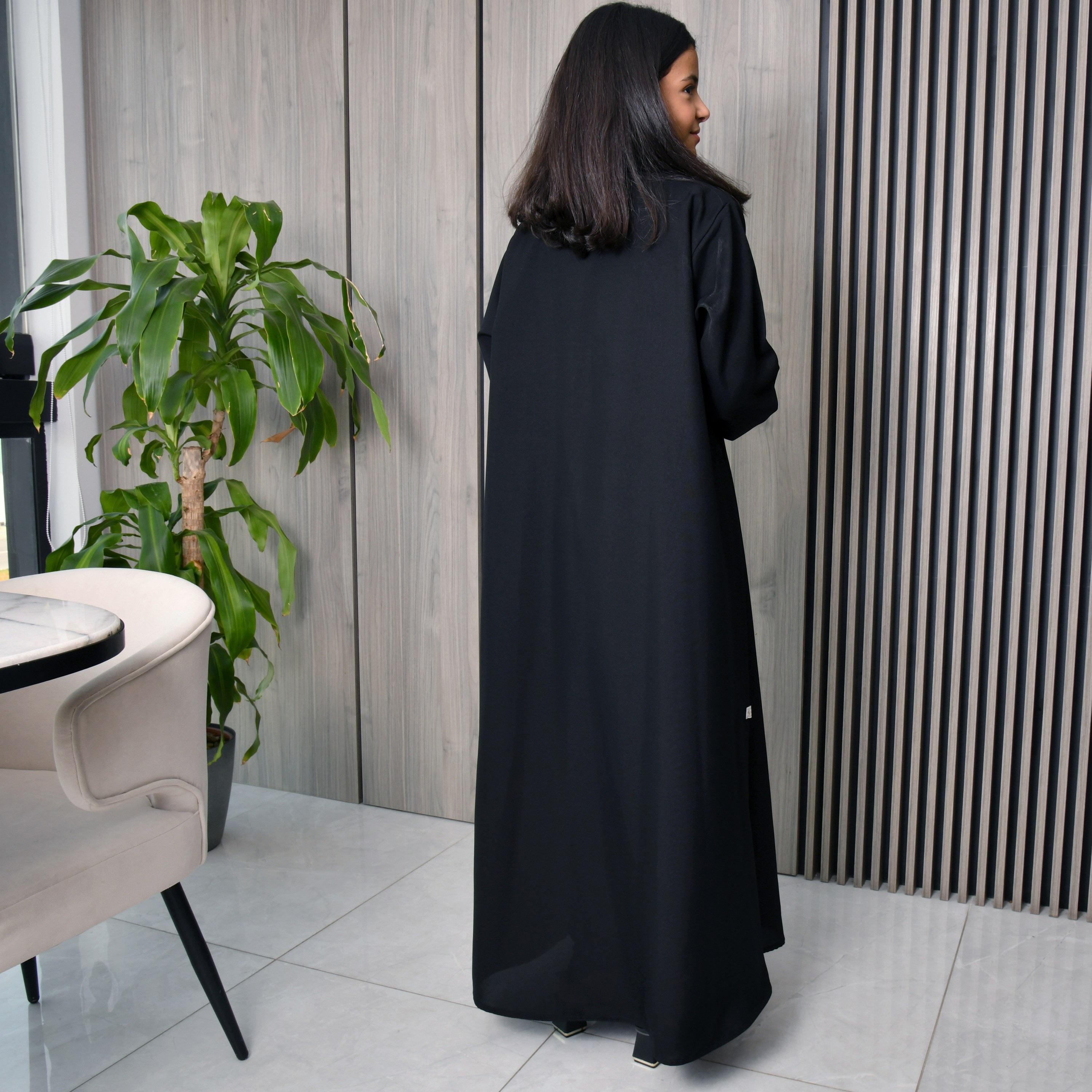 Hawraa Black Lapel Collar Crepe Girls Wrap Abaya with Hijab-girls-arabicclothing-abayas-image-5