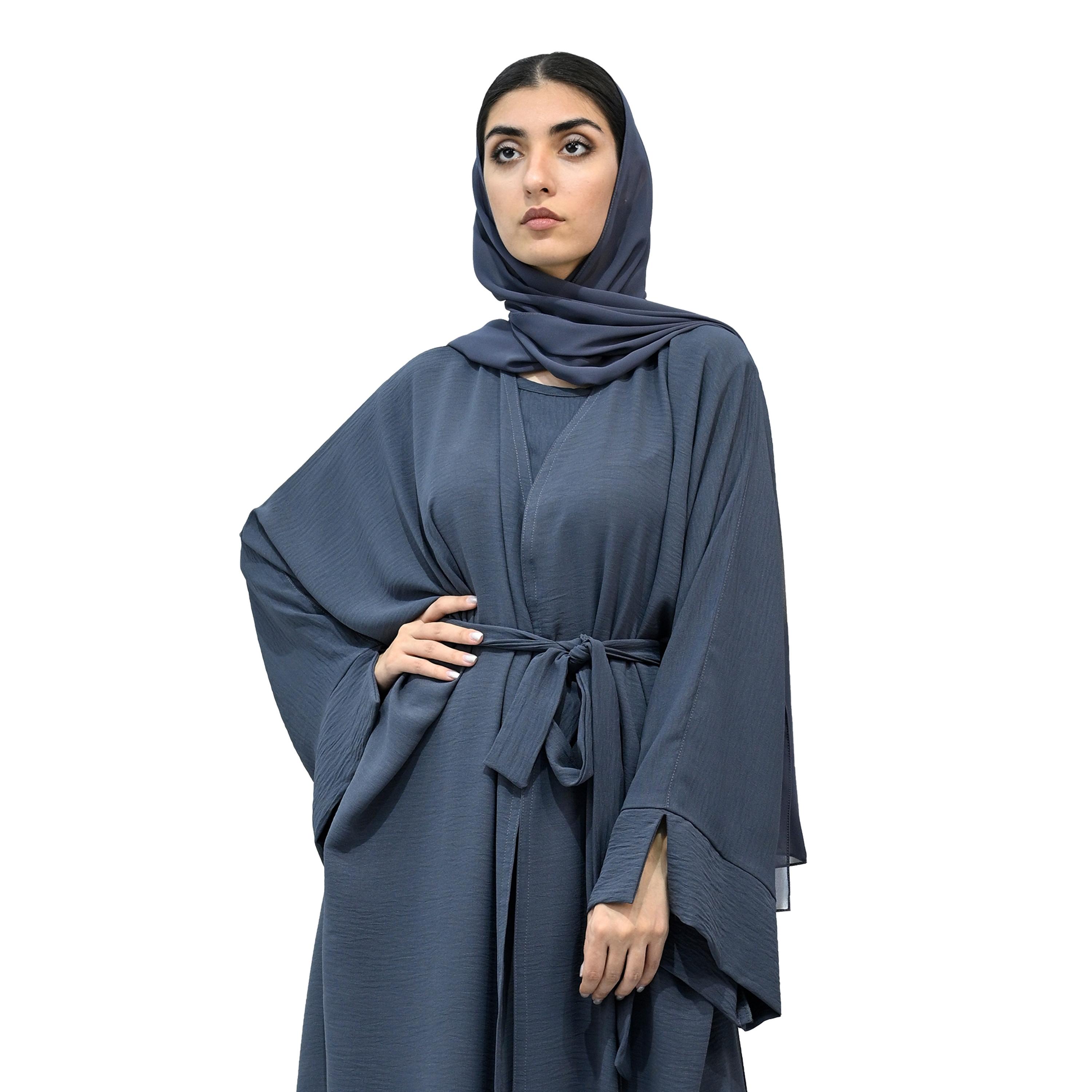 عباية نخبة زرقاء بأكمام واسعة ومجعد الغسق تأتي مع حجاب وحزام-women-arabicclothing-abayas-image-2