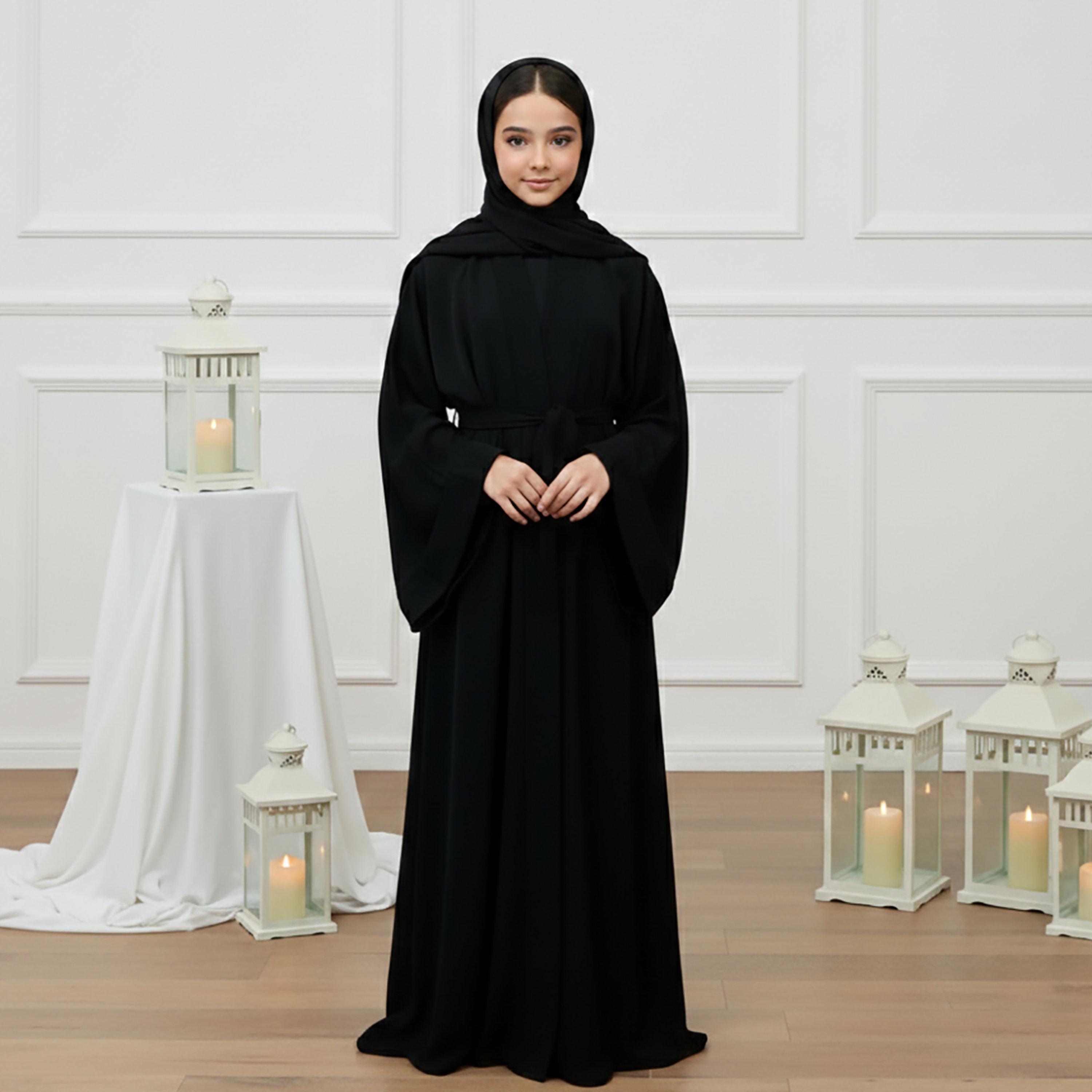 Nukhbaa Black Flared Sleeves Nida Girls Abaya with Hijab-girls-arabicclothing-abayas-image-1