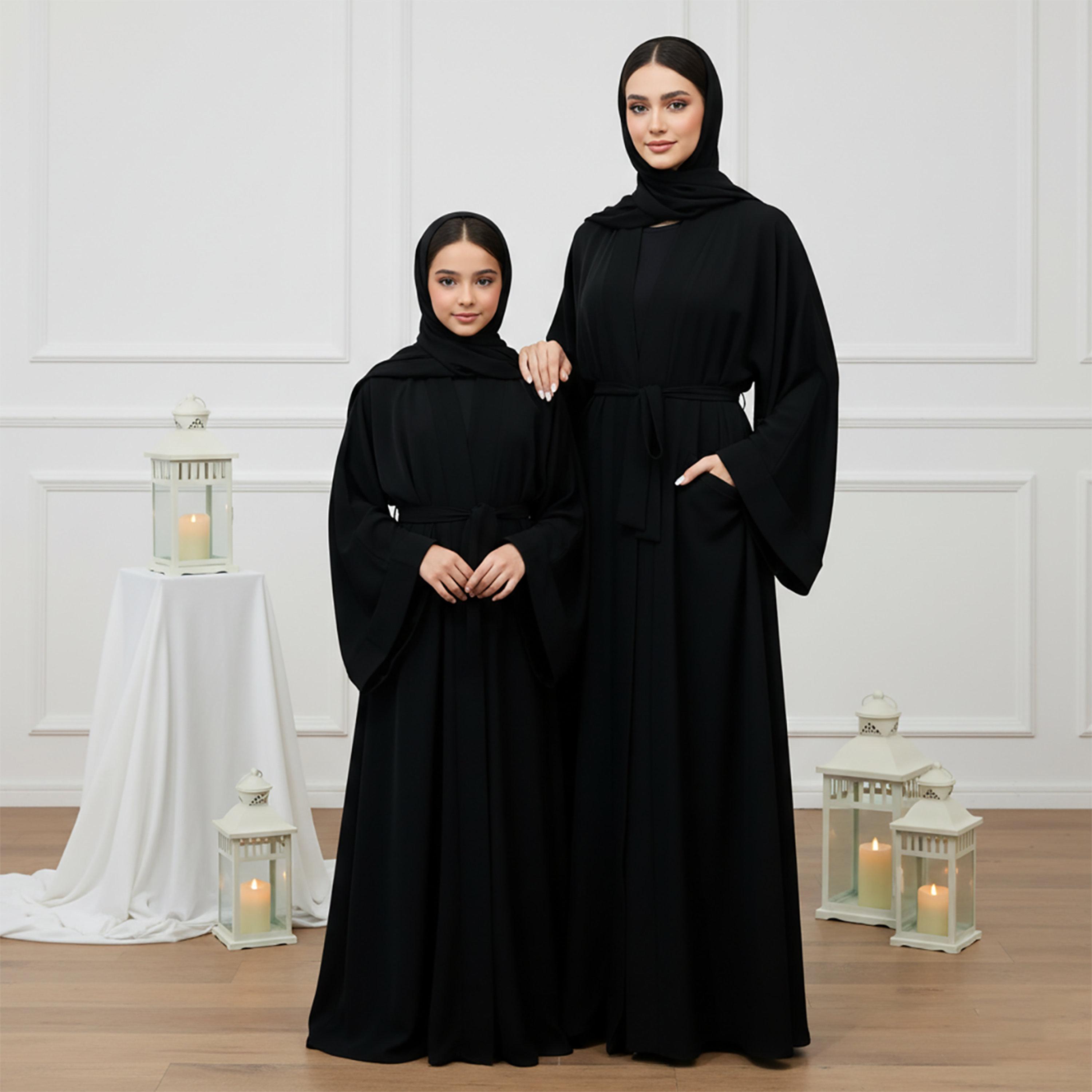 Nukhbaa Black Flared Sleeves Nida Girls Abaya with Hijab-girls-arabicclothing-abayas-image-2