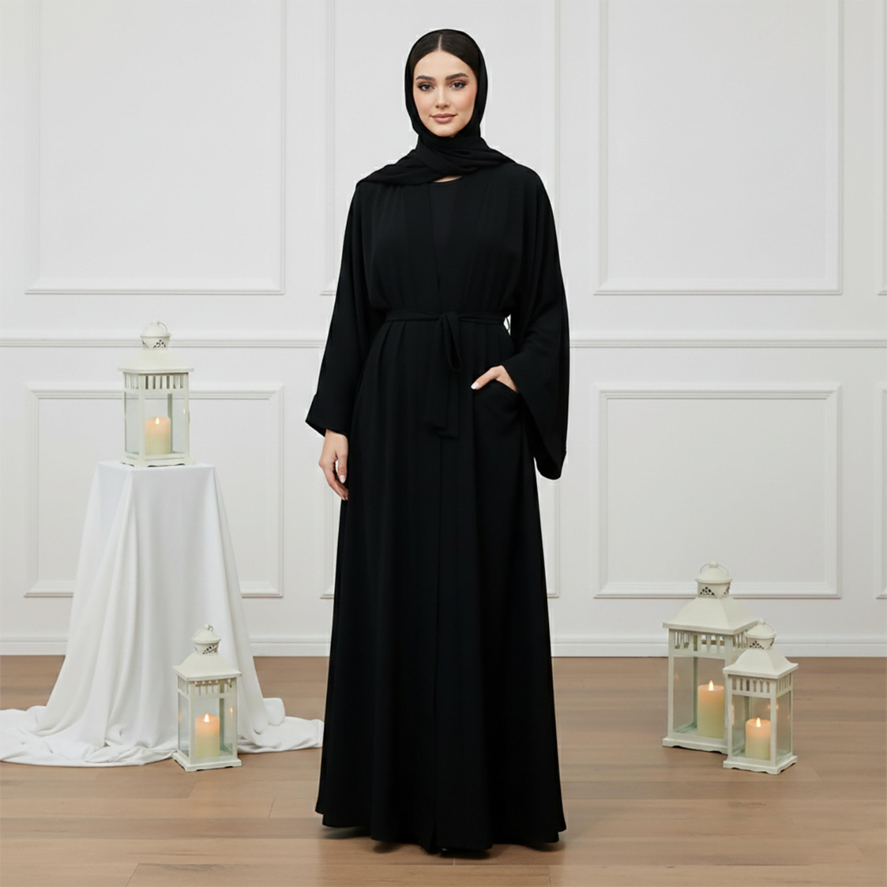 عباية نسائية قماش "ندى" بأكمام "فليرد" مع حجاب - أسود من نخبة-women-arabicclothing-abayas-image-1