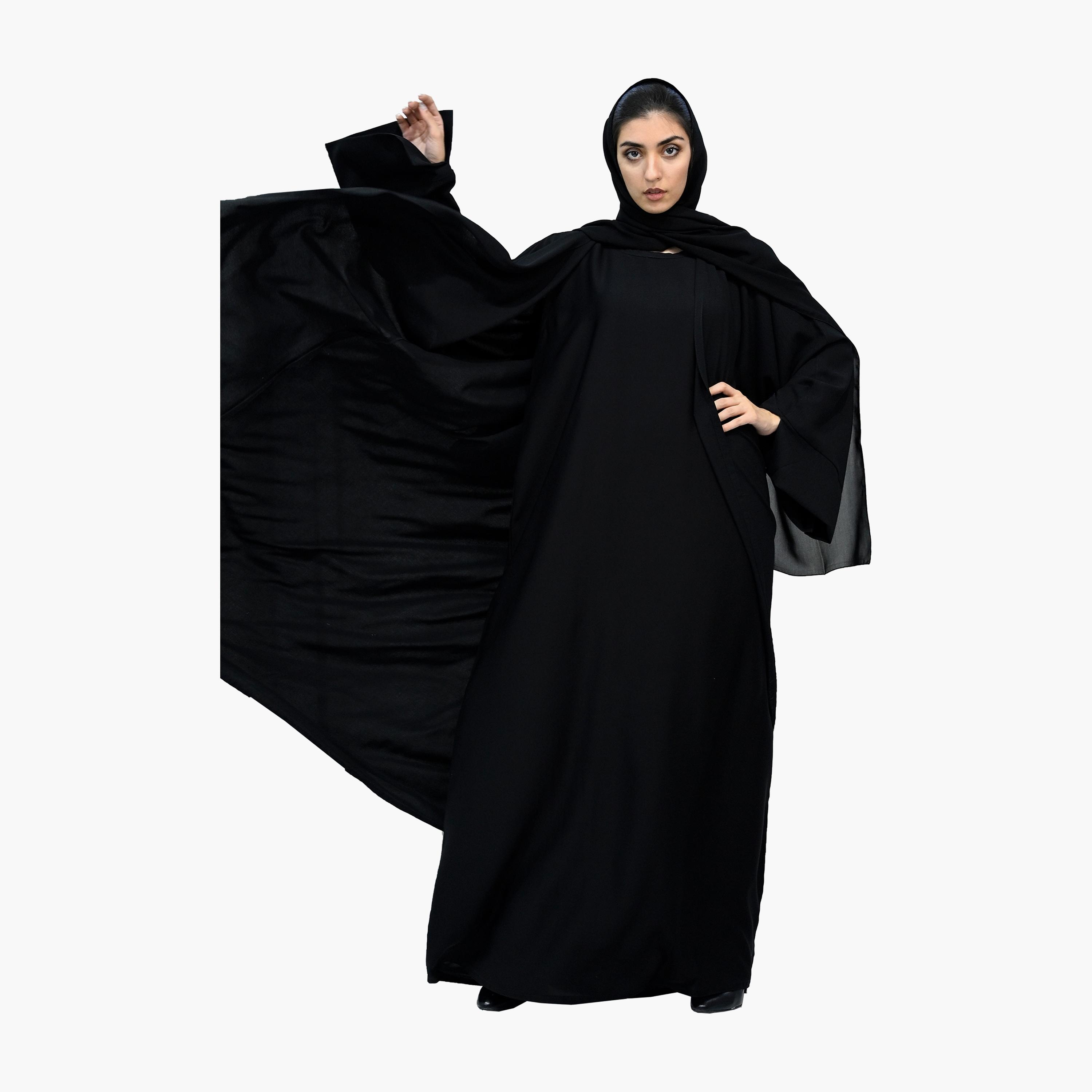 عباية نخبة سوداء غامق بأكمام واسعة وجيوب تأتي مع حجاب وحزام-women-arabicclothing-abayas-image-3