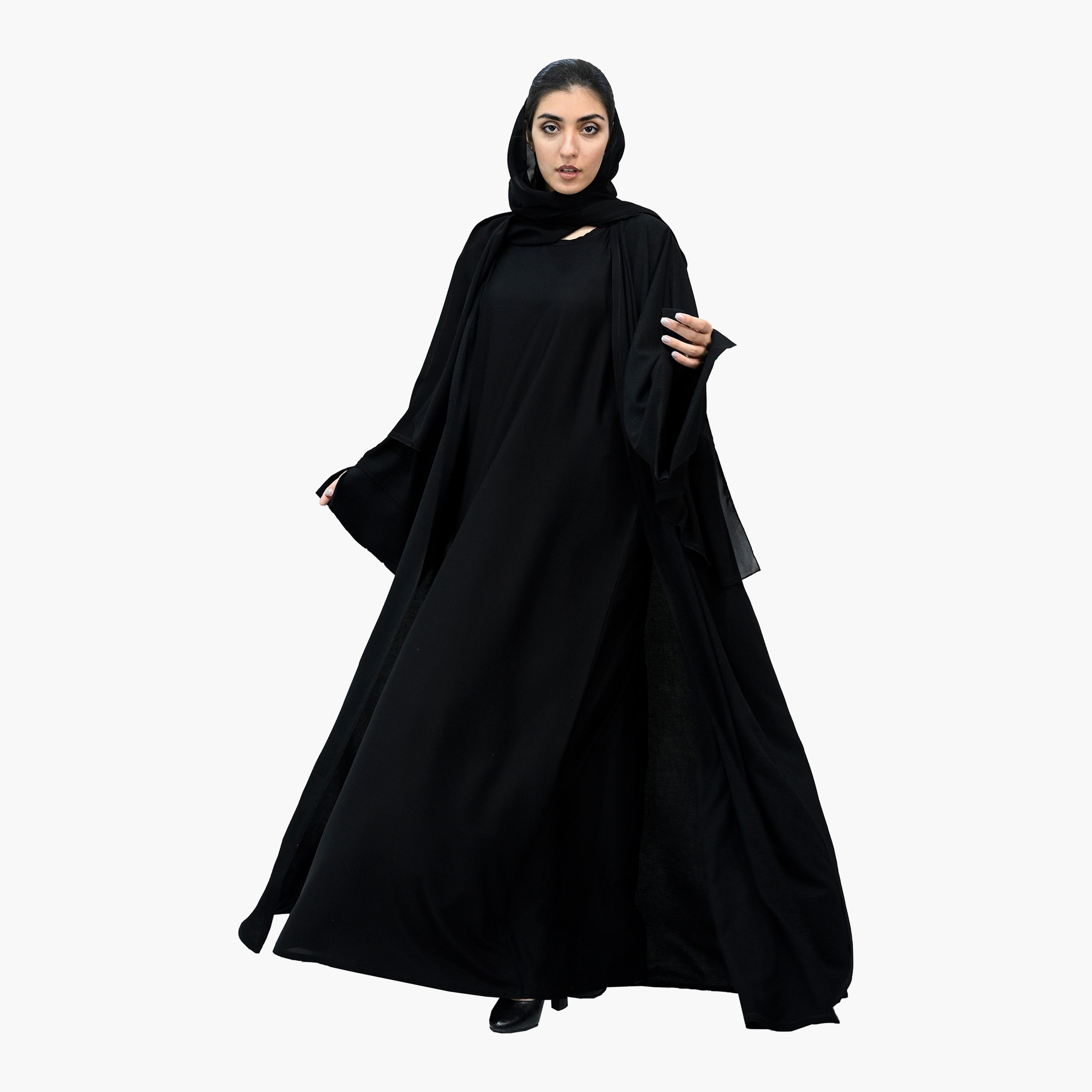 عباية نخبة سوداء غامق بأكمام واسعة وجيوب تأتي مع حجاب وحزام-women-arabicclothing-abayas-image-4
