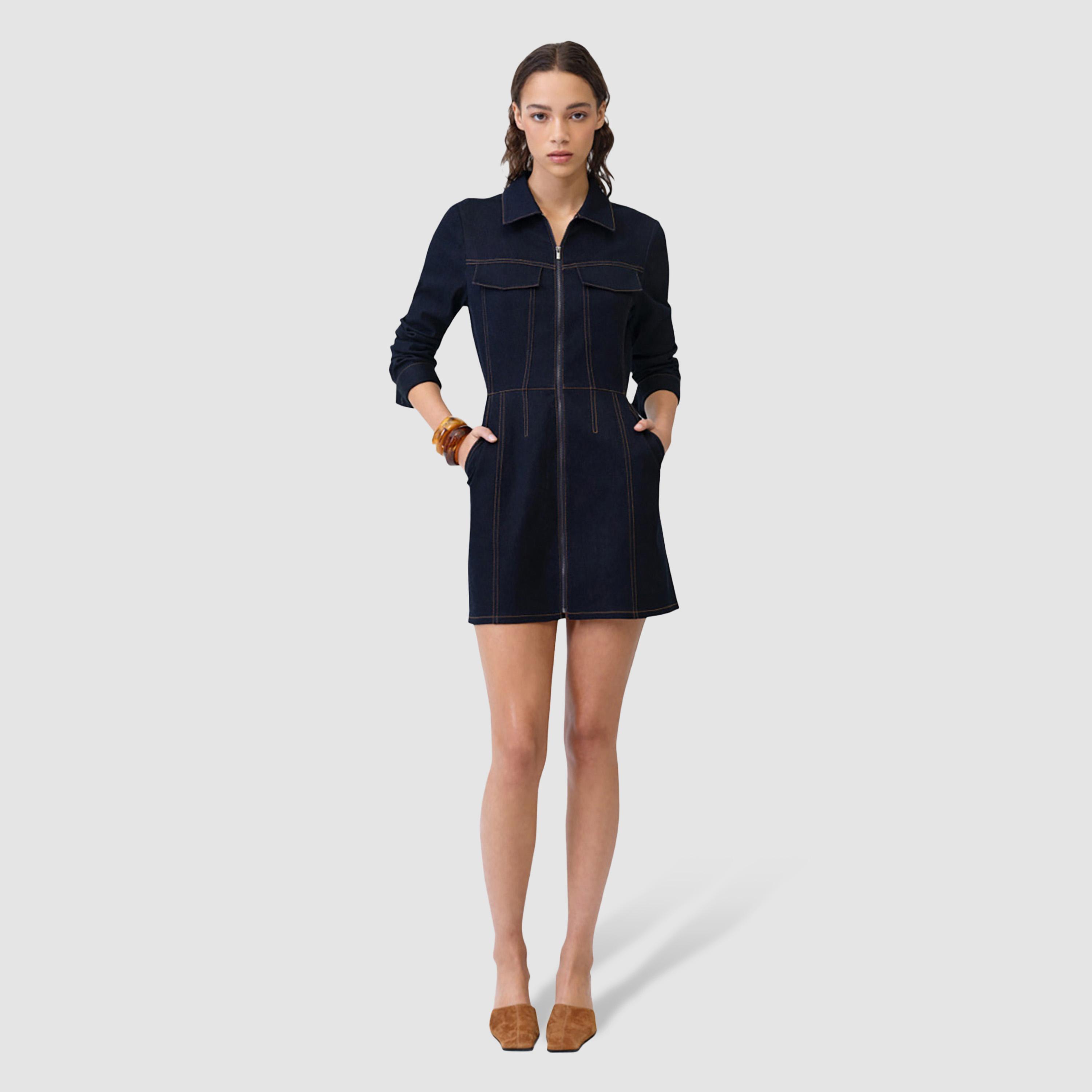 فستان دينيم نسائي قصة "شيث" بياقة وخياطة متباينة لون أزرق داكن من فرينش كونكشن-women-clothing-dresses-image-2
