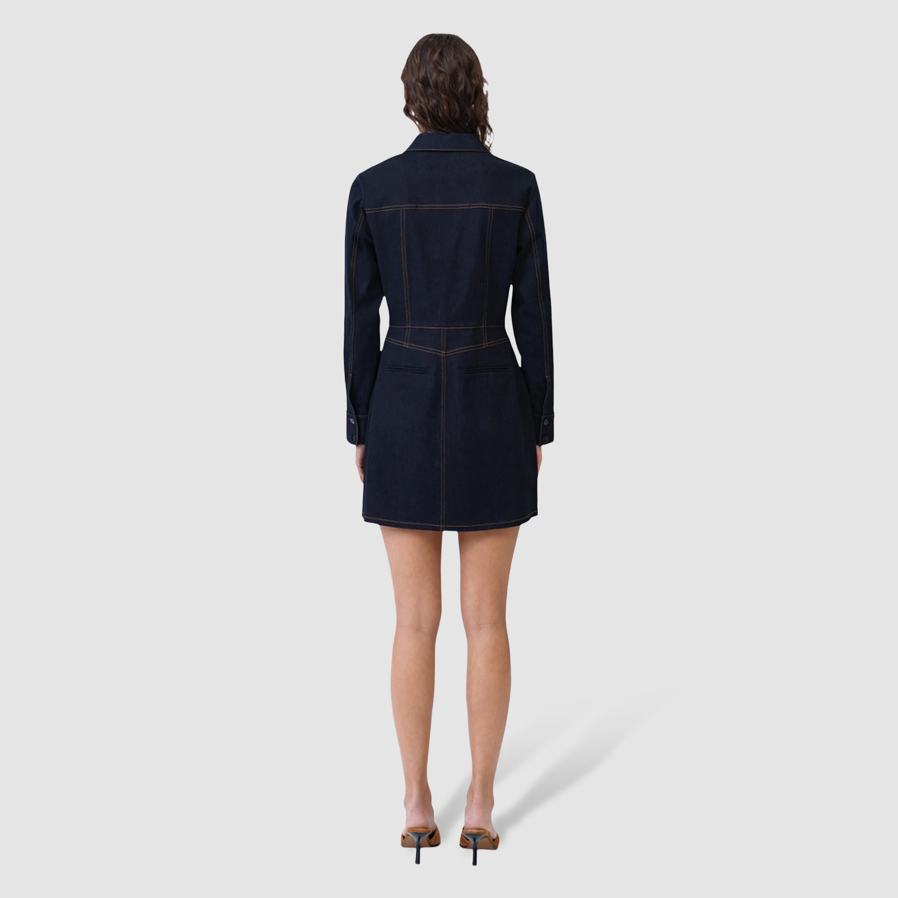 فستان دينيم نسائي قصة "شيث" بياقة وخياطة متباينة لون أزرق داكن من فرينش كونكشن-women-clothing-dresses-image-4