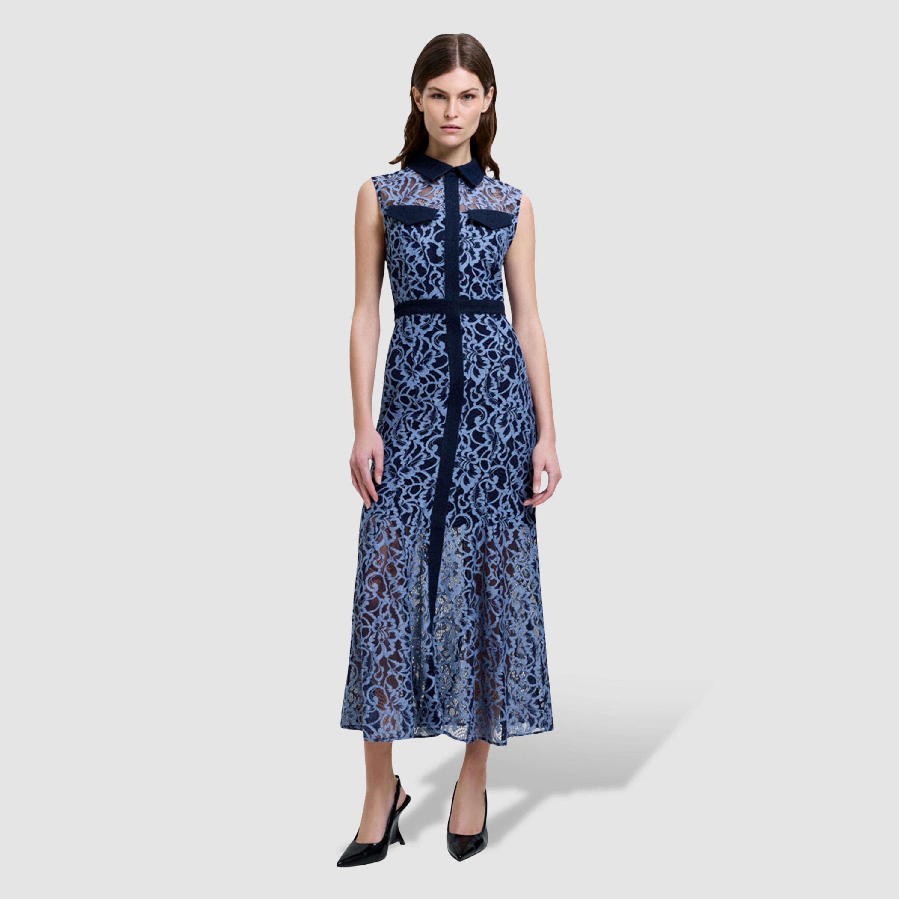 فستان نسائي بياقة ودانتيل كامل لون أزرق من فرينش كونكشن-women-clothing-dresses-image-1
