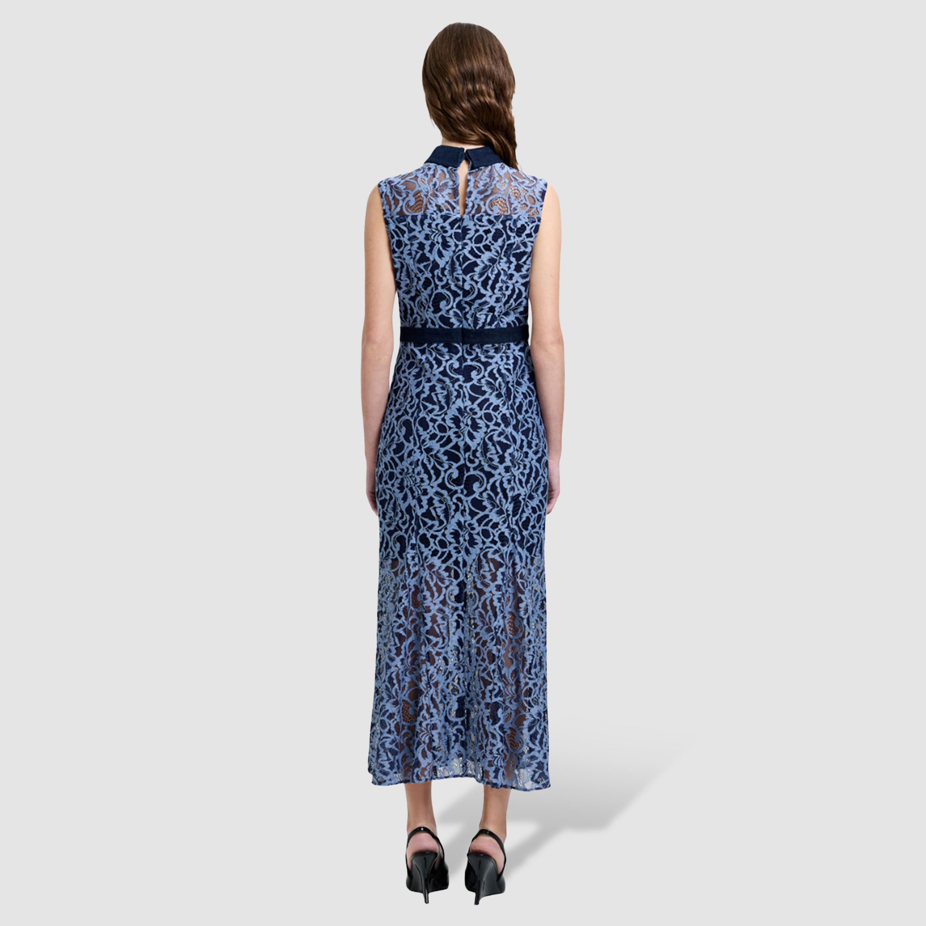 فستان نسائي بياقة ودانتيل كامل لون أزرق من فرينش كونكشن-women-clothing-dresses-image-2