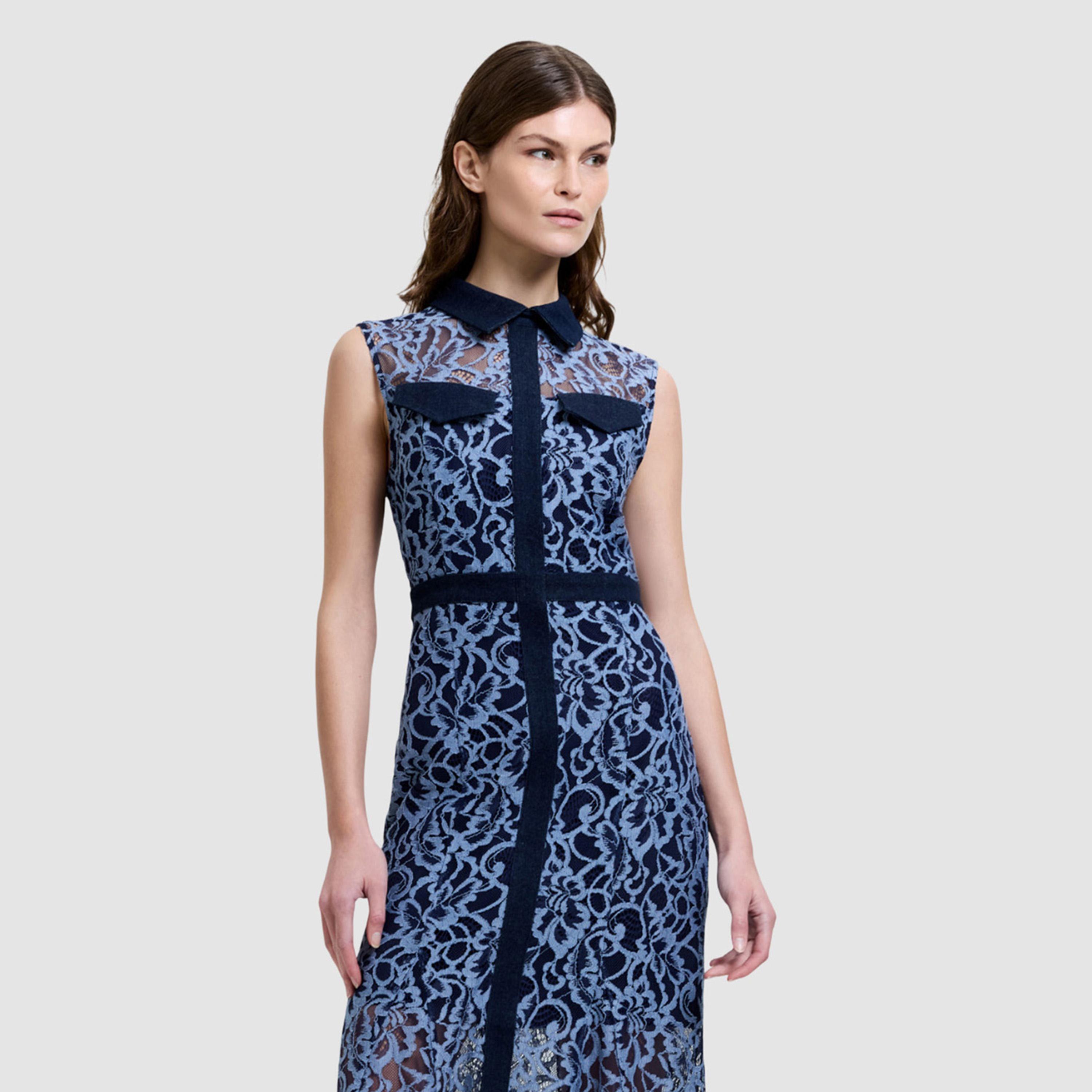 فستان نسائي بياقة ودانتيل كامل لون أزرق من فرينش كونكشن-women-clothing-dresses-image-3