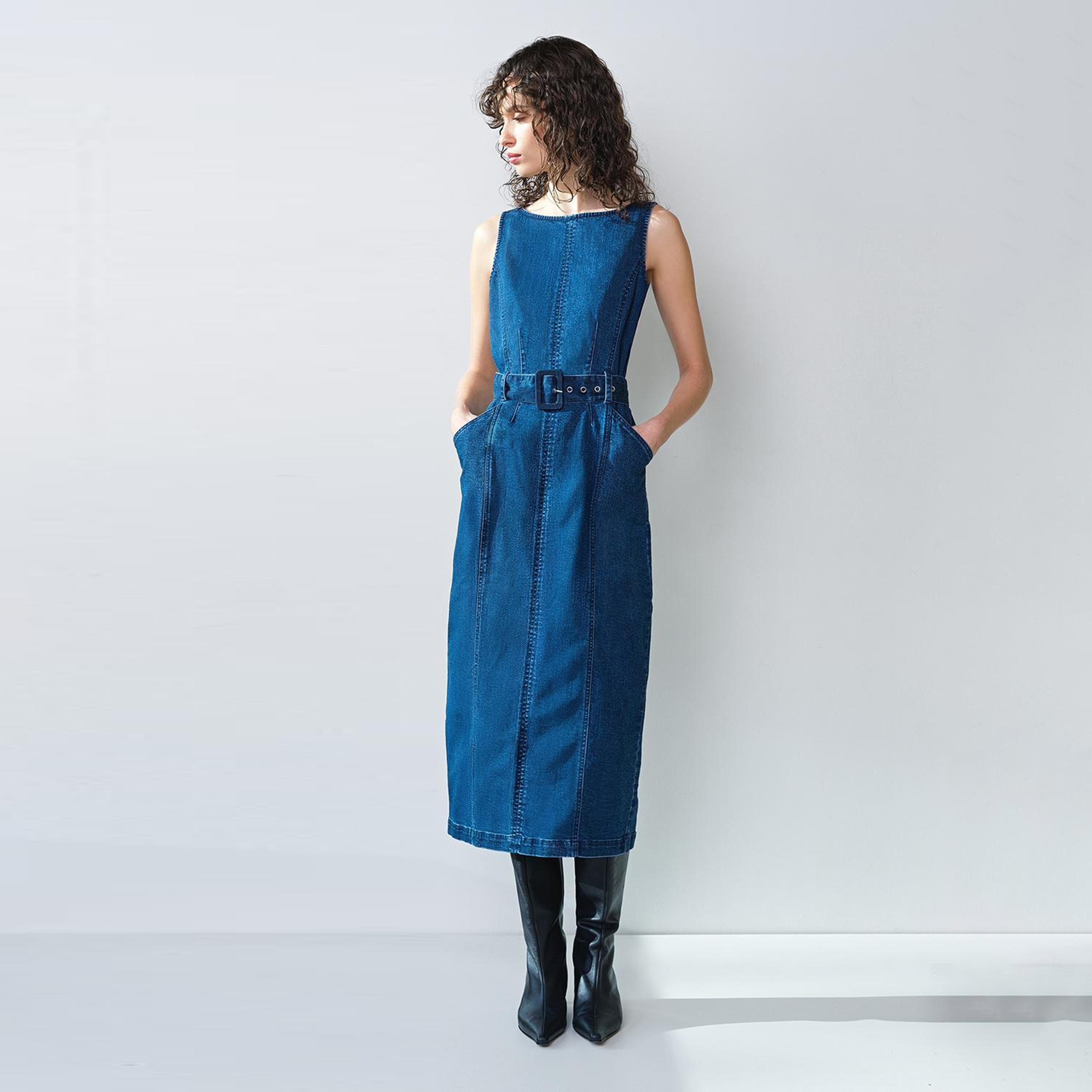 French Connection Blue Cotton Column Women's Midi Dress-women-clothing-dresses-image-1