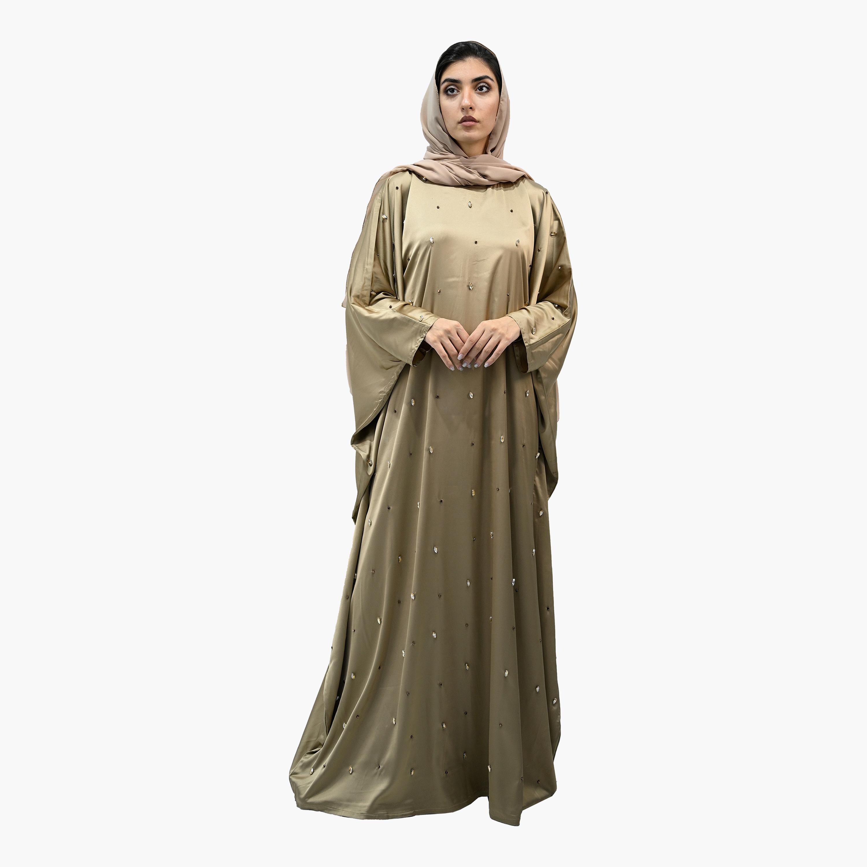 عباية نخبة بشت ساتان ذهبية مزينة بالكريستال تأتي مع الحجاب-women-arabicclothing-abayas-image-1