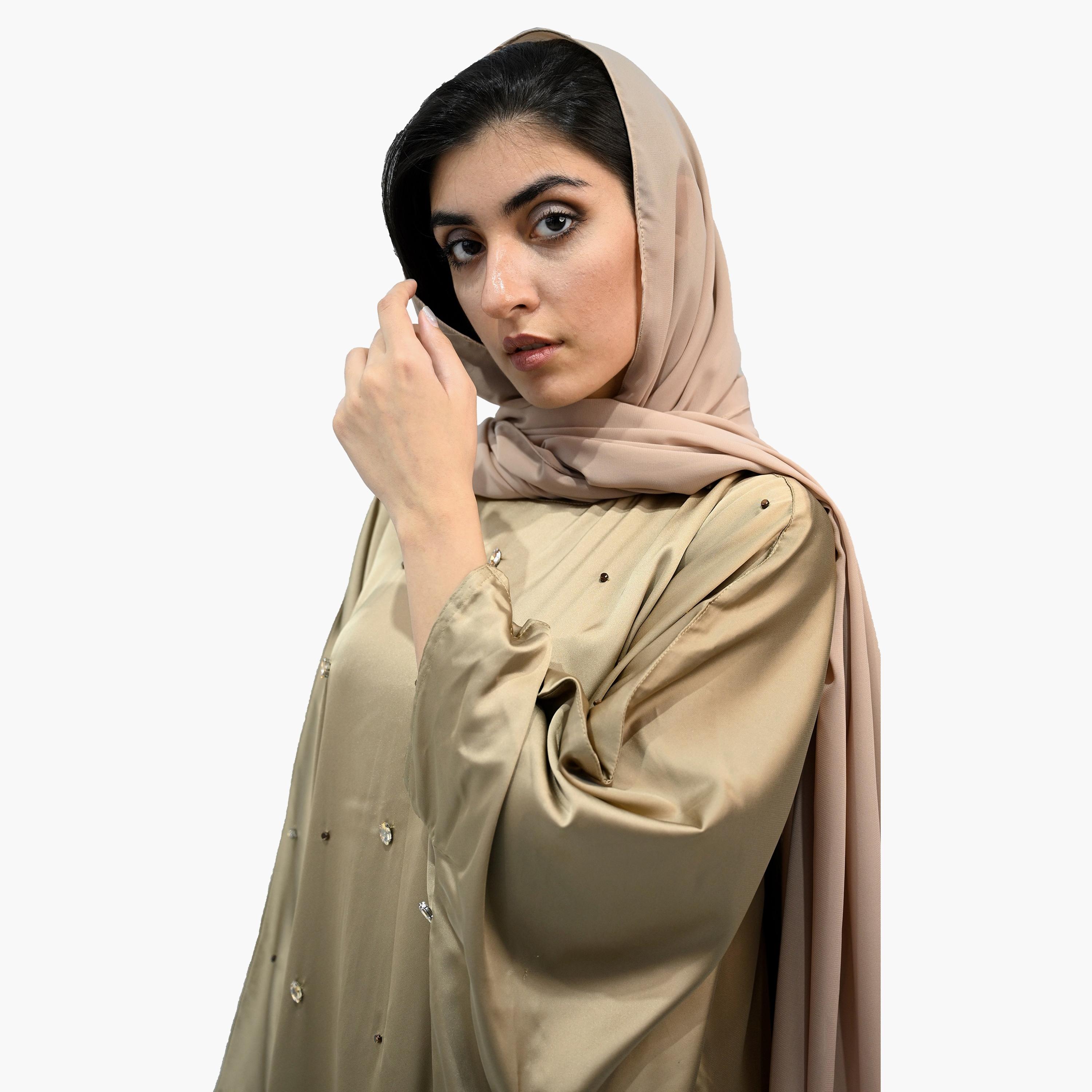 عباية نخبة بشت ساتان ذهبية مزينة بالكريستال تأتي مع الحجاب-women-arabicclothing-abayas-image-2