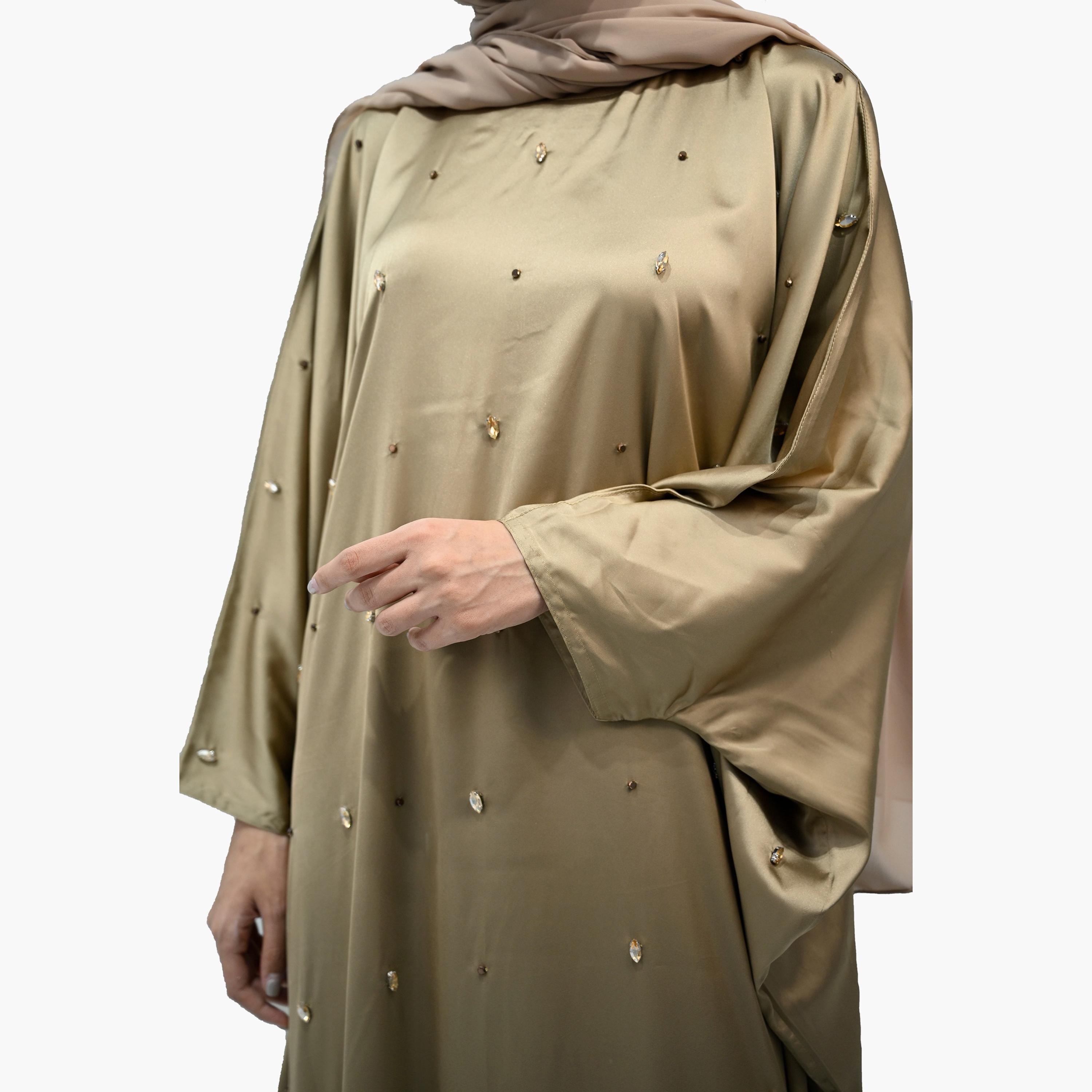 عباية نخبة بشت ساتان ذهبية مزينة بالكريستال تأتي مع الحجاب-women-arabicclothing-abayas-image-3