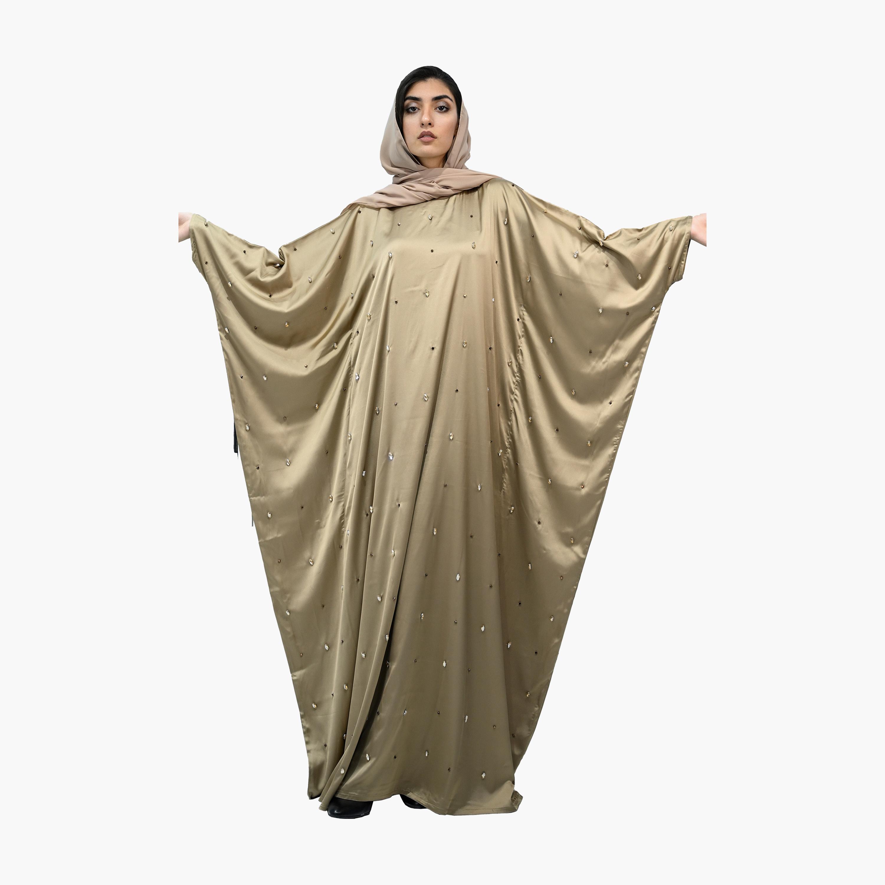 عباية نخبة بشت ساتان ذهبية مزينة بالكريستال تأتي مع الحجاب-women-arabicclothing-abayas-image-4
