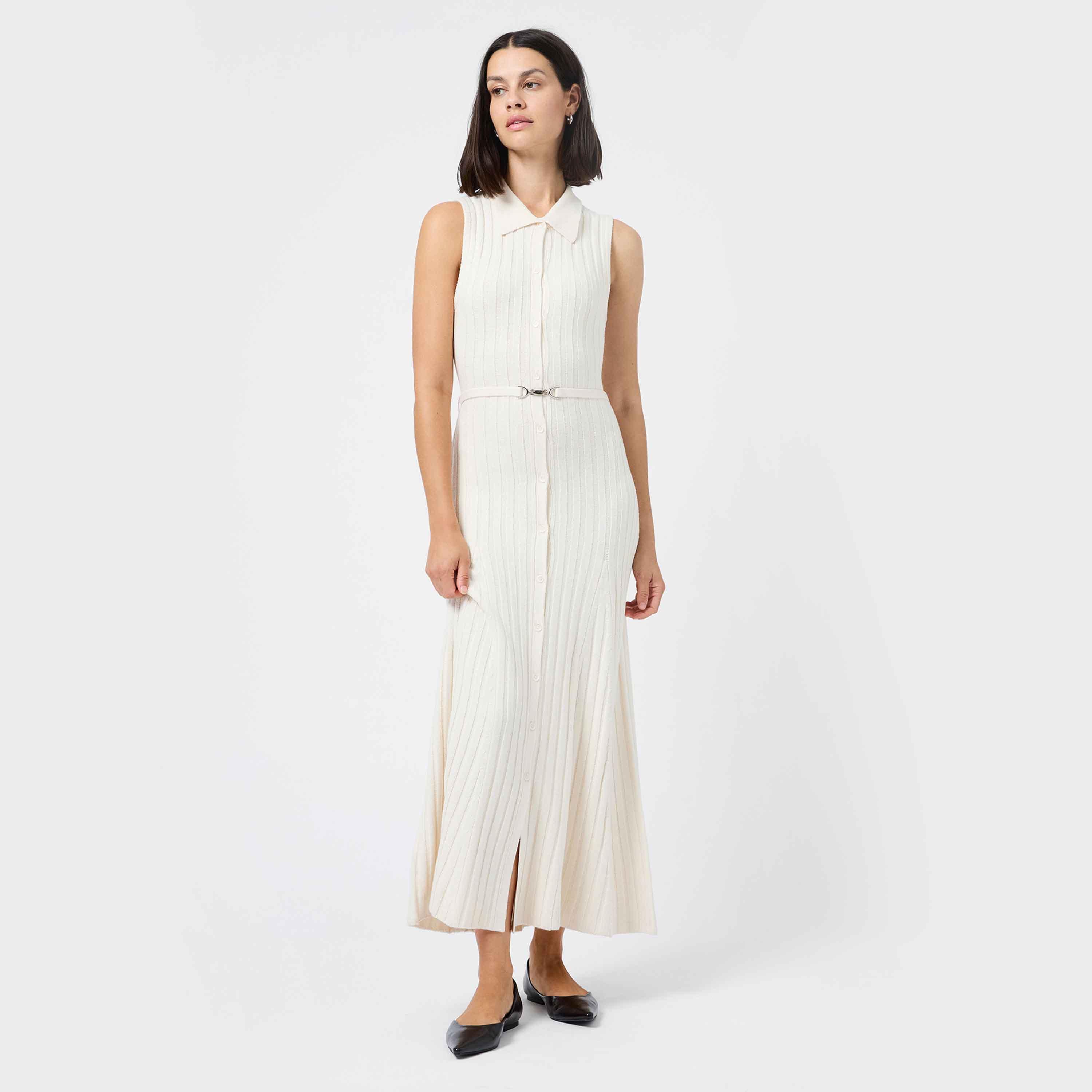 فستان نسائي محبوك بياقة ومخطط لون أبيض من فرينش كونكشن-women-clothing-dresses-image-1