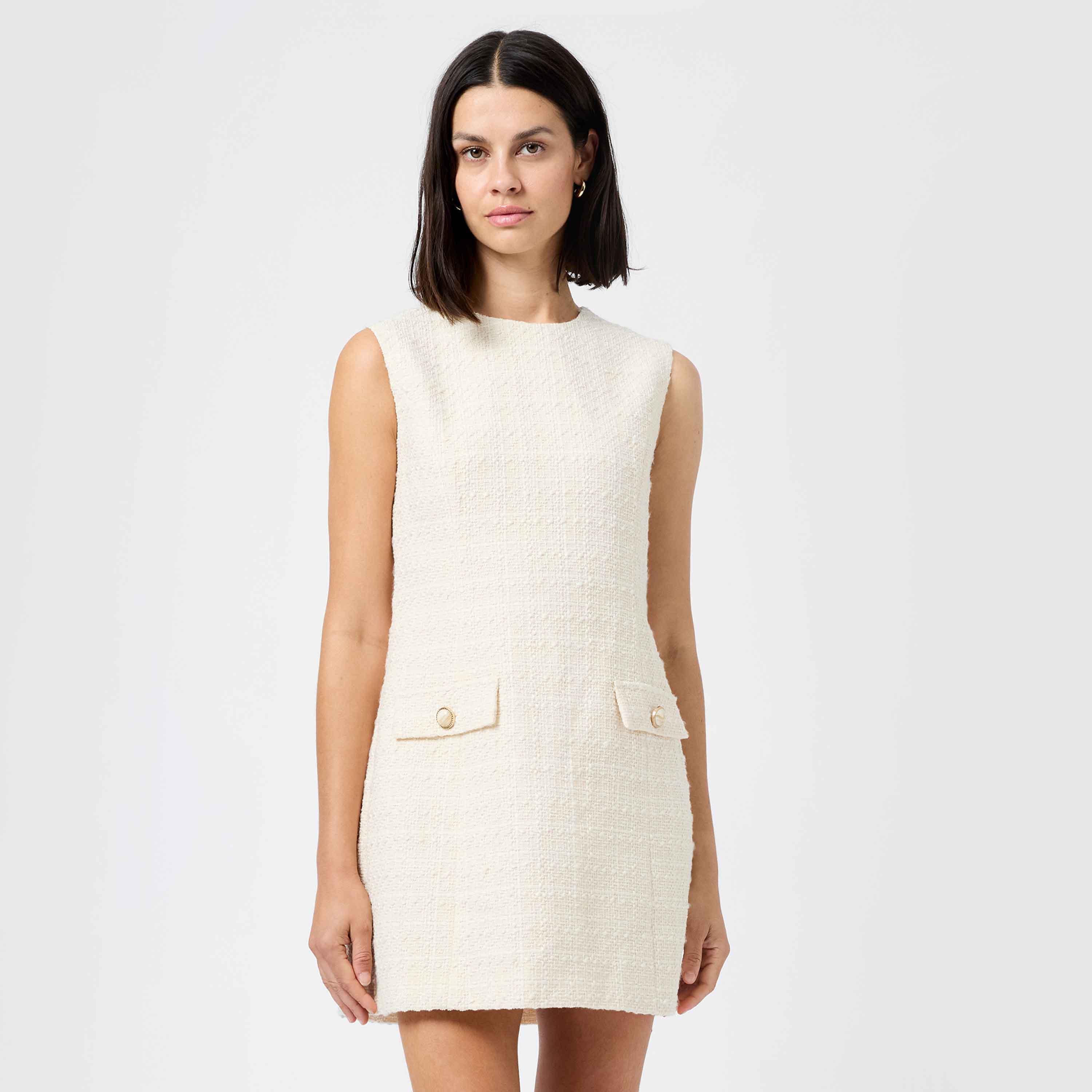فستان نسائي قصة "شيث" قماش تويد لون كريمي من فرينش كونكشن-women-clothing-dresses-image-1