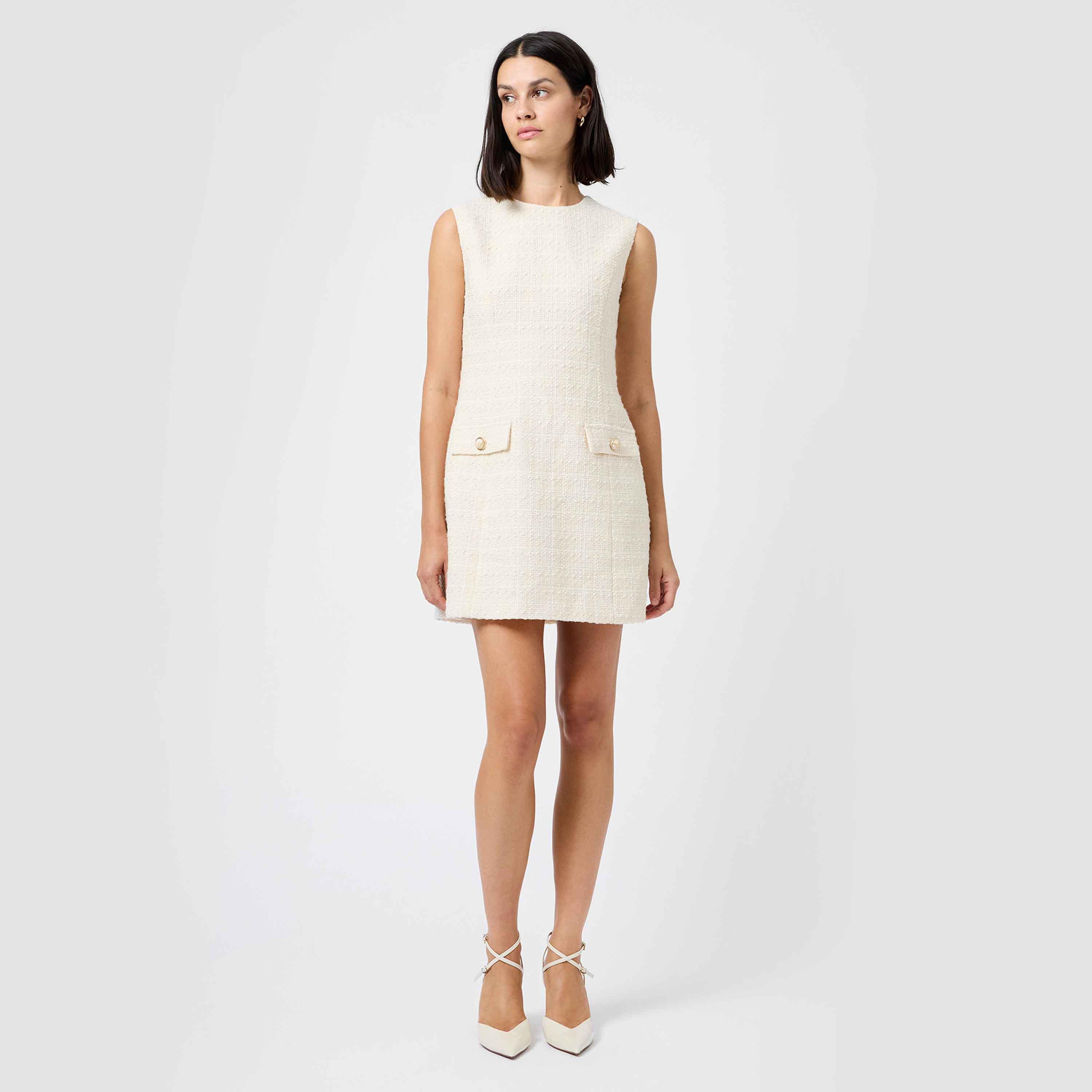 فستان نسائي قصة "شيث" قماش تويد لون كريمي من فرينش كونكشن-women-clothing-dresses-image-2