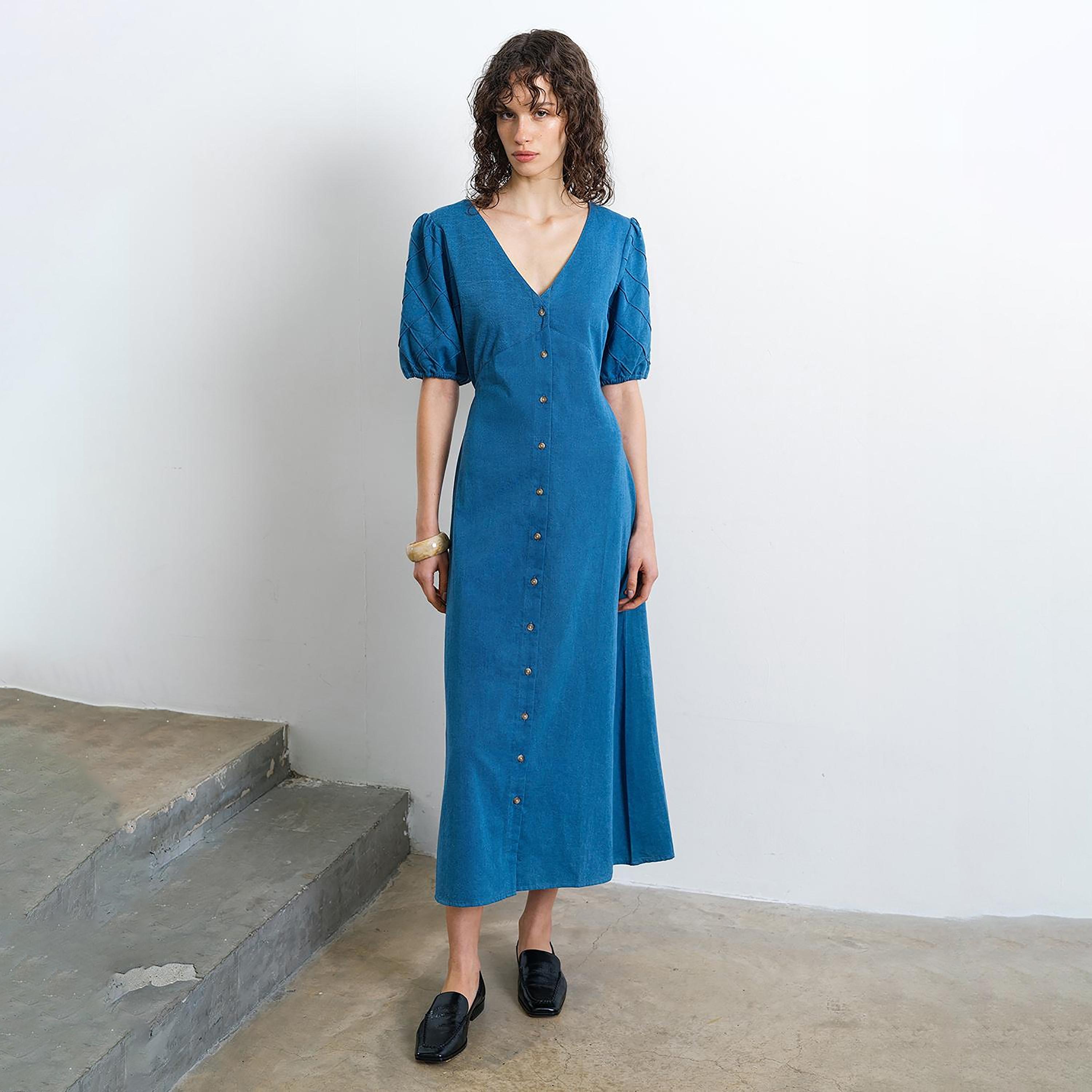 فستان ميدي قطن حريمي بأكمام منتفخة باللون الأزرق من فرينش كونكشن-women-clothing-dresses-image-1